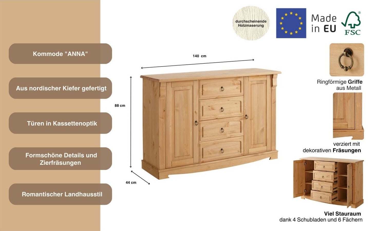 Home affaire Sideboard »Anna«, (Gesamtmaße (B/T/H): ca. 140/44/88 cm), Kommode, Breite 140 cm, 4 Schubladen, 2 Türen, Massivholz, FSC®