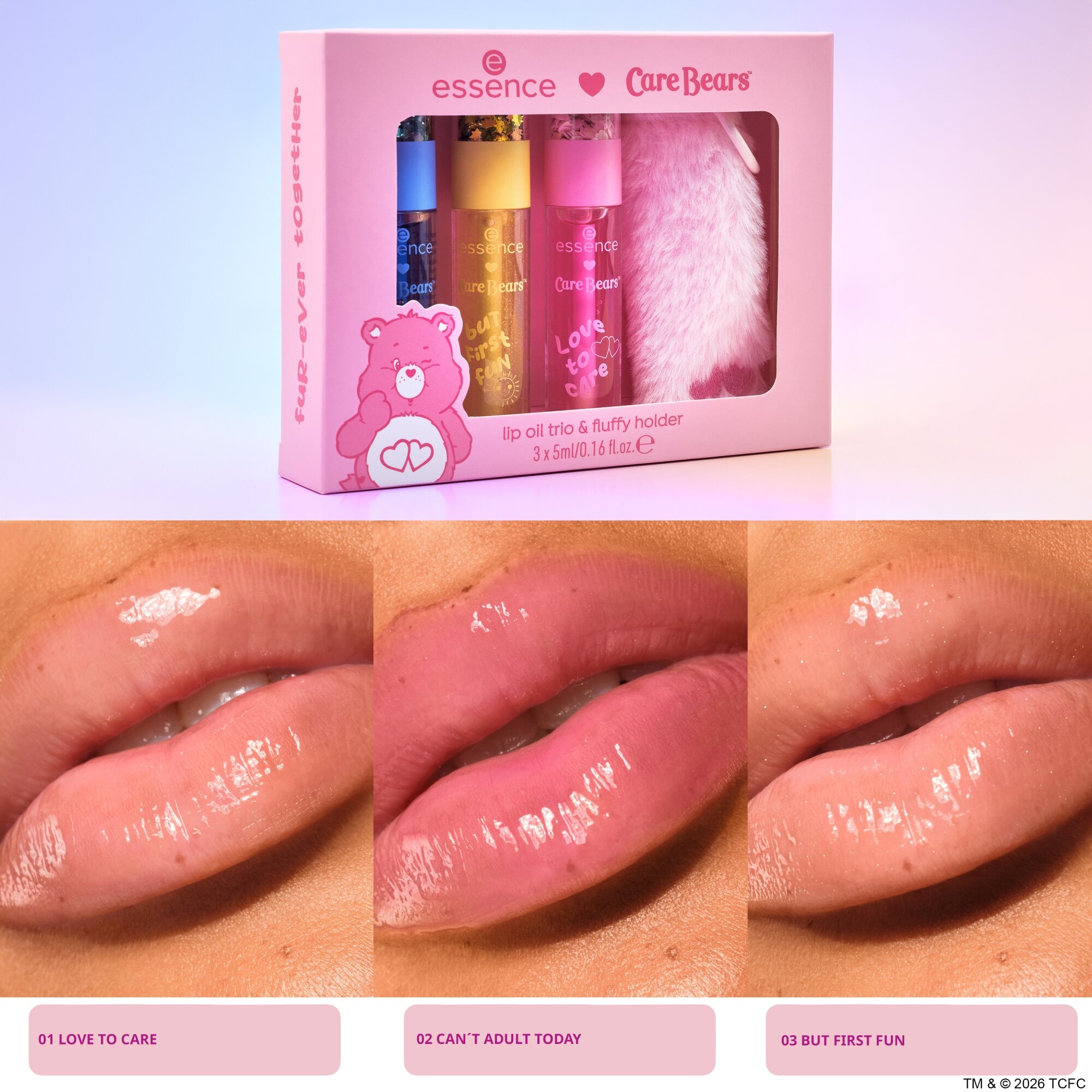 Essence Lipgloss »Care Bears lip oil trio & fluffy holder«