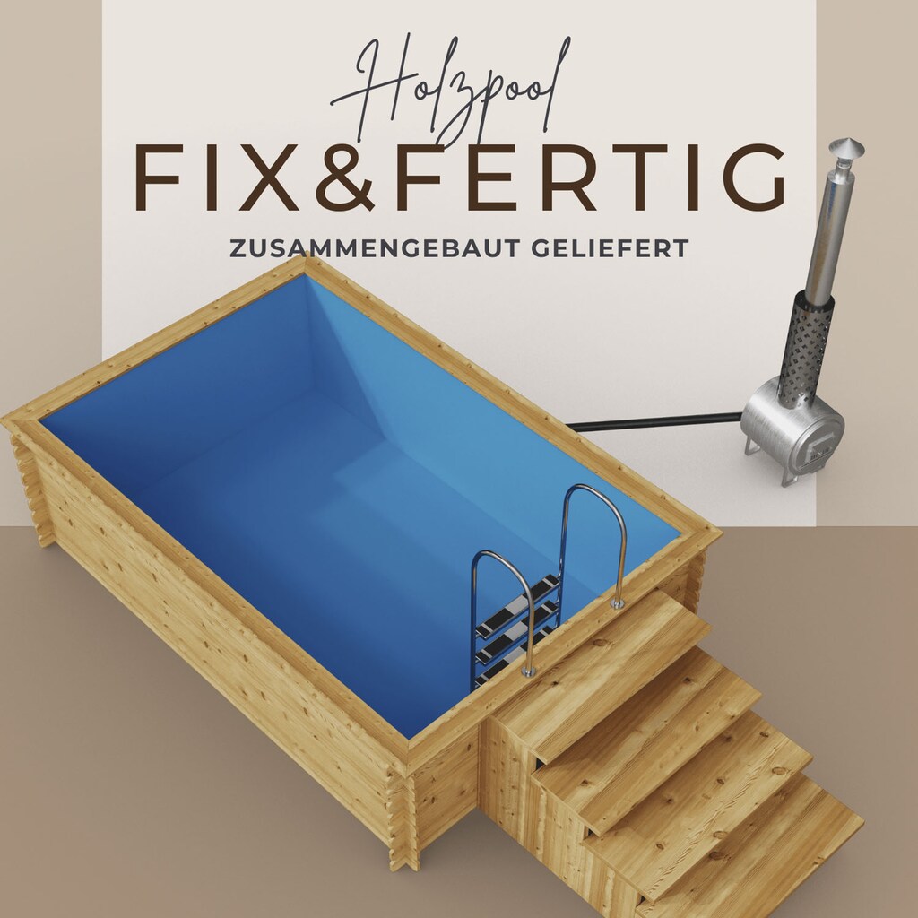 EDEN Holzmanufaktur Rechteckpool »Fix&Fertig Fichtenholz Pool«, inkl. Einsatz, Dämmung, seitlichem Wasserablauf, Holzofen