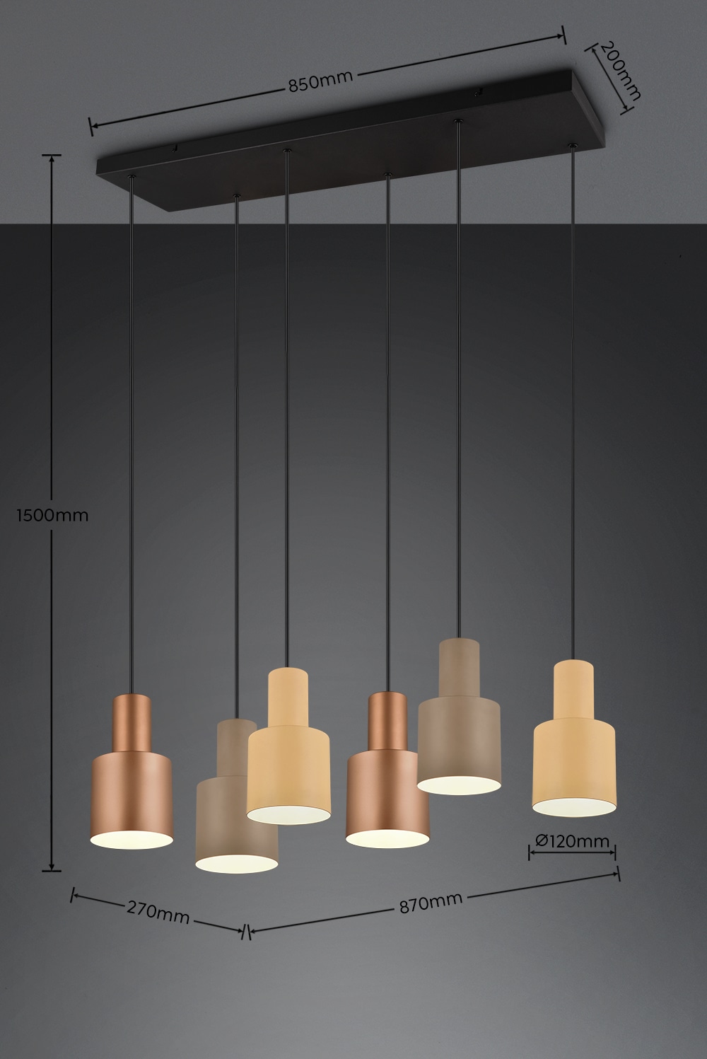 TRIO Leuchten Pendelleuchte »AGUDO, Hängelampe 6-flammig exkl 6xE27 max 40W höhenverstellbar«, 6 flammig, Leuchtmittel E27 | Leuchtmittel wechselbar, mehrfarbige Lampenschirme in beige taupe & coffee, Esszimmerlampe