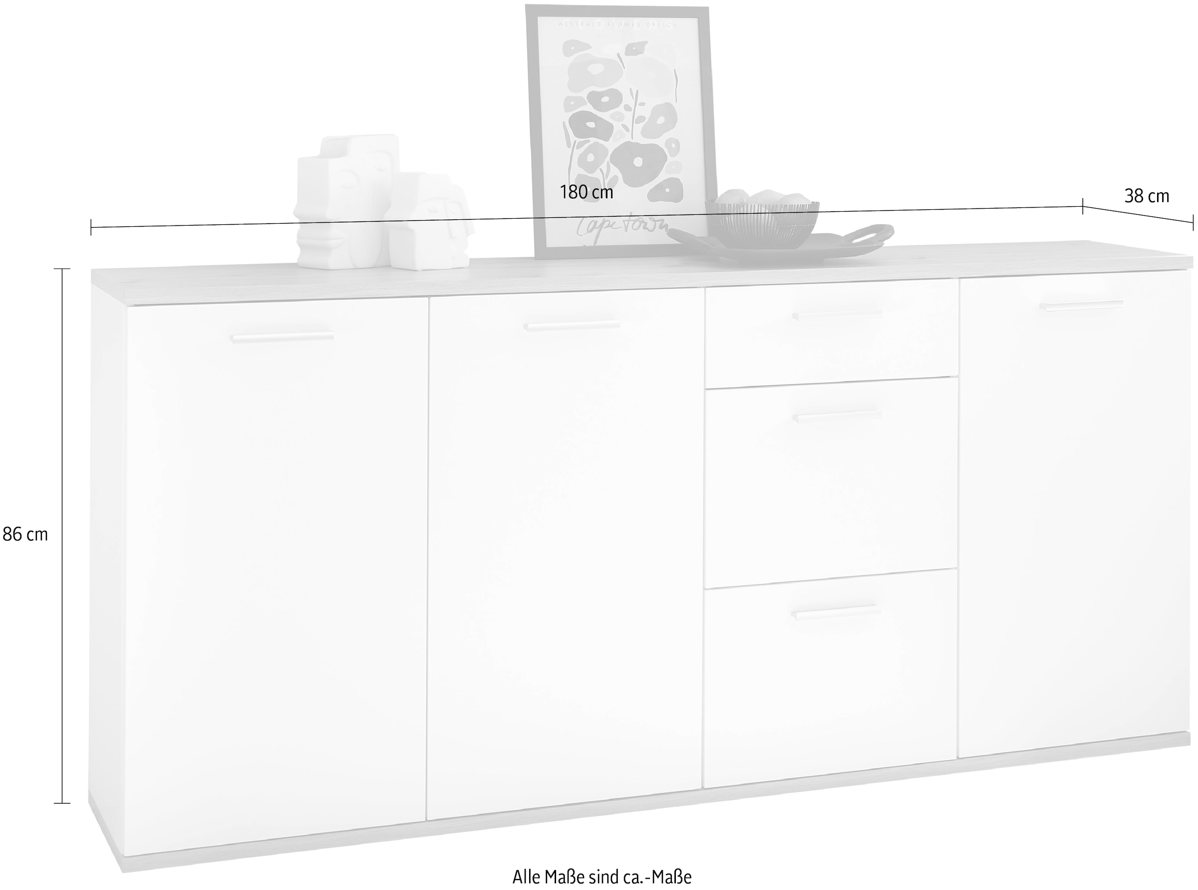 HBZ Kommode »BC1035 weiß matt, BxHxT 180x86x38 cm«, Sideboard mit 3 Türen, 3 Schubkästen, 2 Einlegeböden