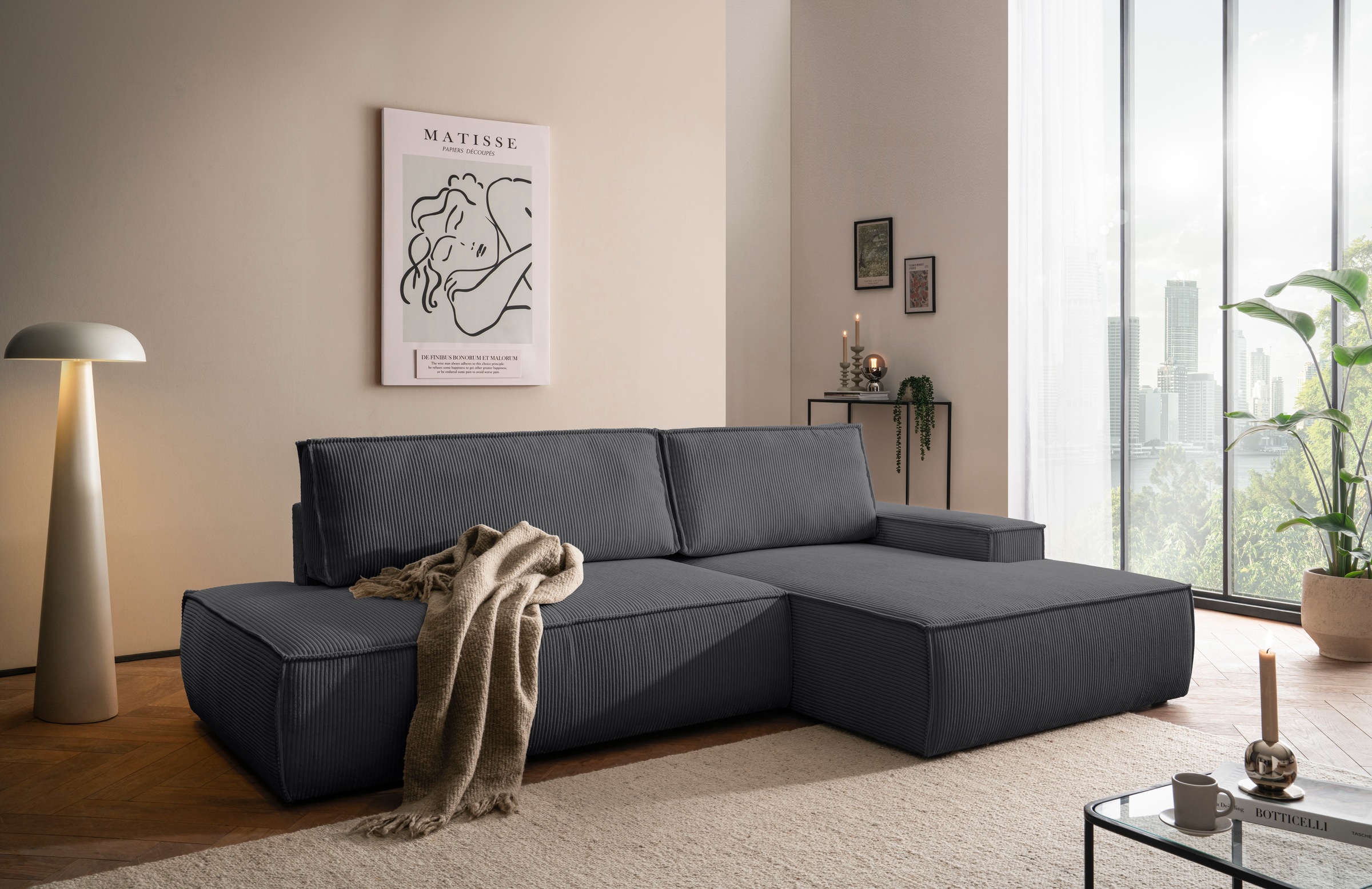 Home affaire Ecksofa »SHERWOOD,  Schlafsofa in L-Form offen (275cm), Cord, Leinenoptik« Schlaffunktion und Bettkasten, Kedernaht, hoher Sitz- & Liegekomfort,