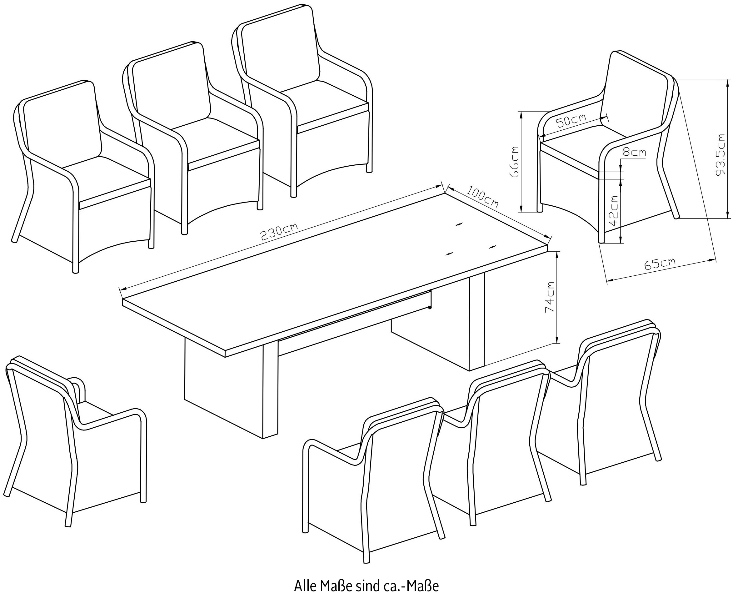 KONIFERA Garten-Essgruppe »»Menorca«« Set, 8x Sessel, 1x Tisch 230,8x100x75 cm, inkl. Auflagen, Alu, Polyrattan, 25 Stk. tlg. Polyrattan, Aluminium, Tischplatte aus 5mm starkem Sicherheitsglas