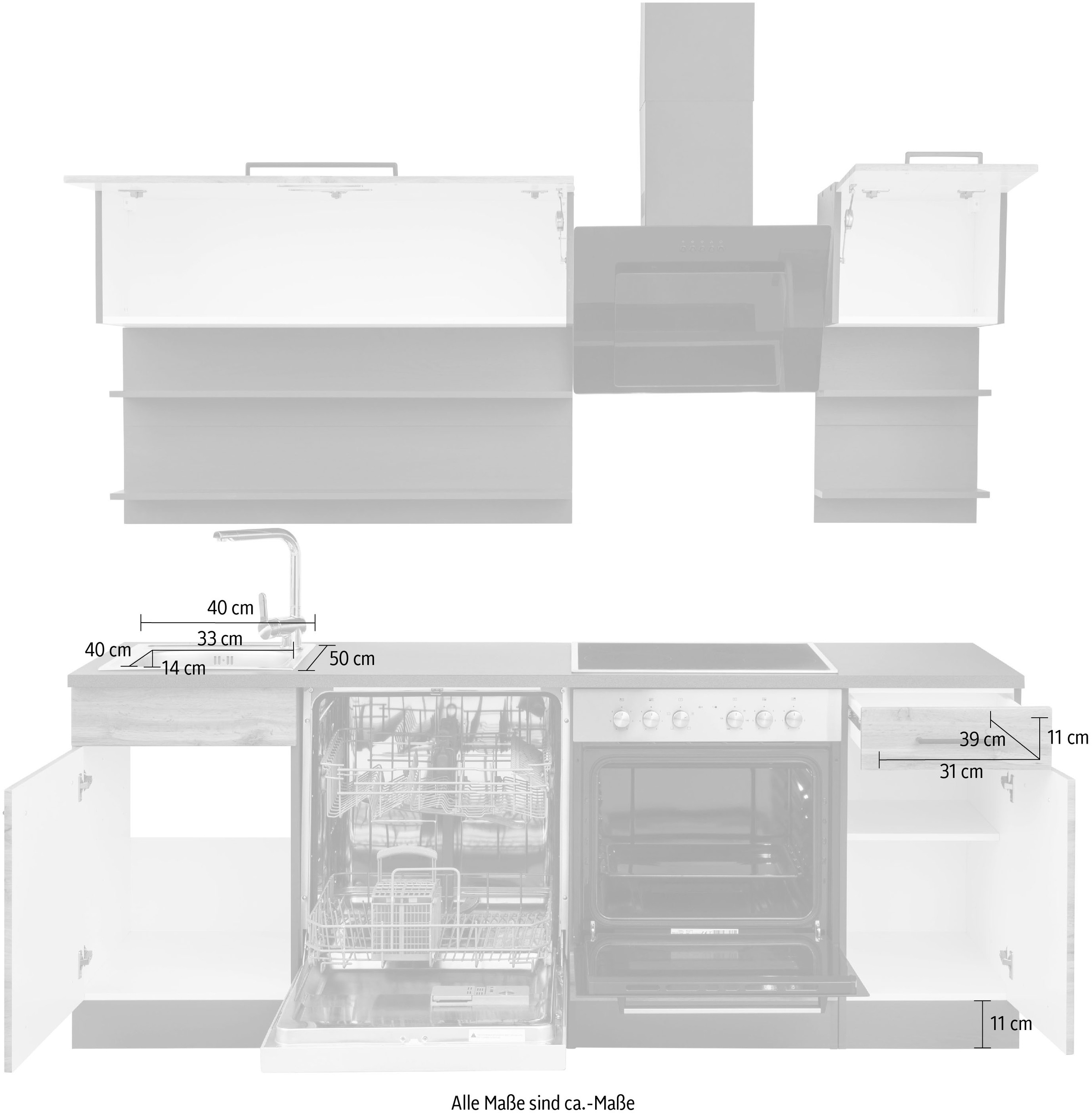 HELD MÖBEL Küchenzeile »Tulsa«, ohne E-Geräte, Breite 210 cm, schwarze Metallgriffe, MDF Fronten