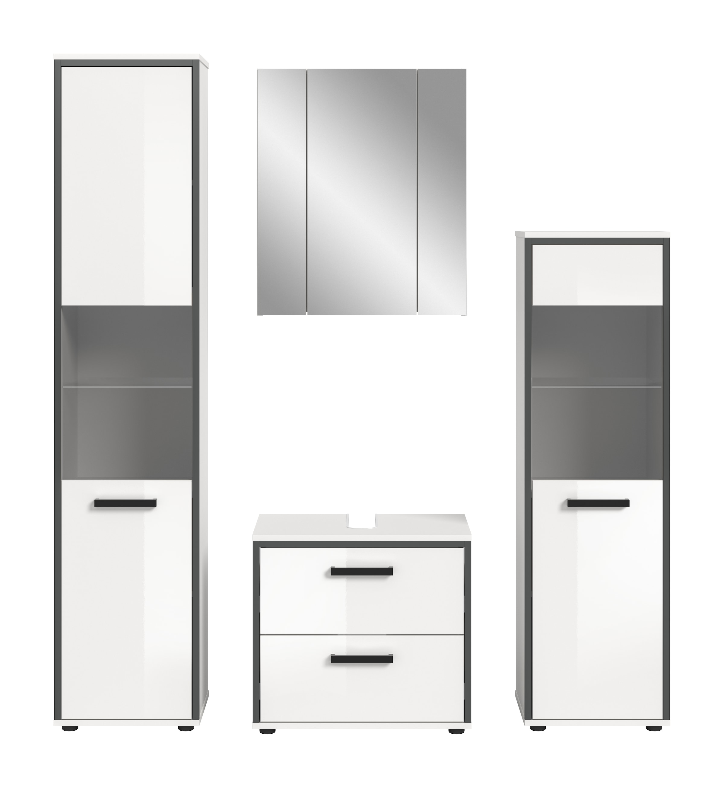 welltime Badmöbel-Set »KAJO, 4-tlg. Badkombination, weiß hochglanz« Set, Set, best. aus:1Hochschrank,1Spiegelschrank,1WBU,1Midischrank, 4 Stk. tlg.