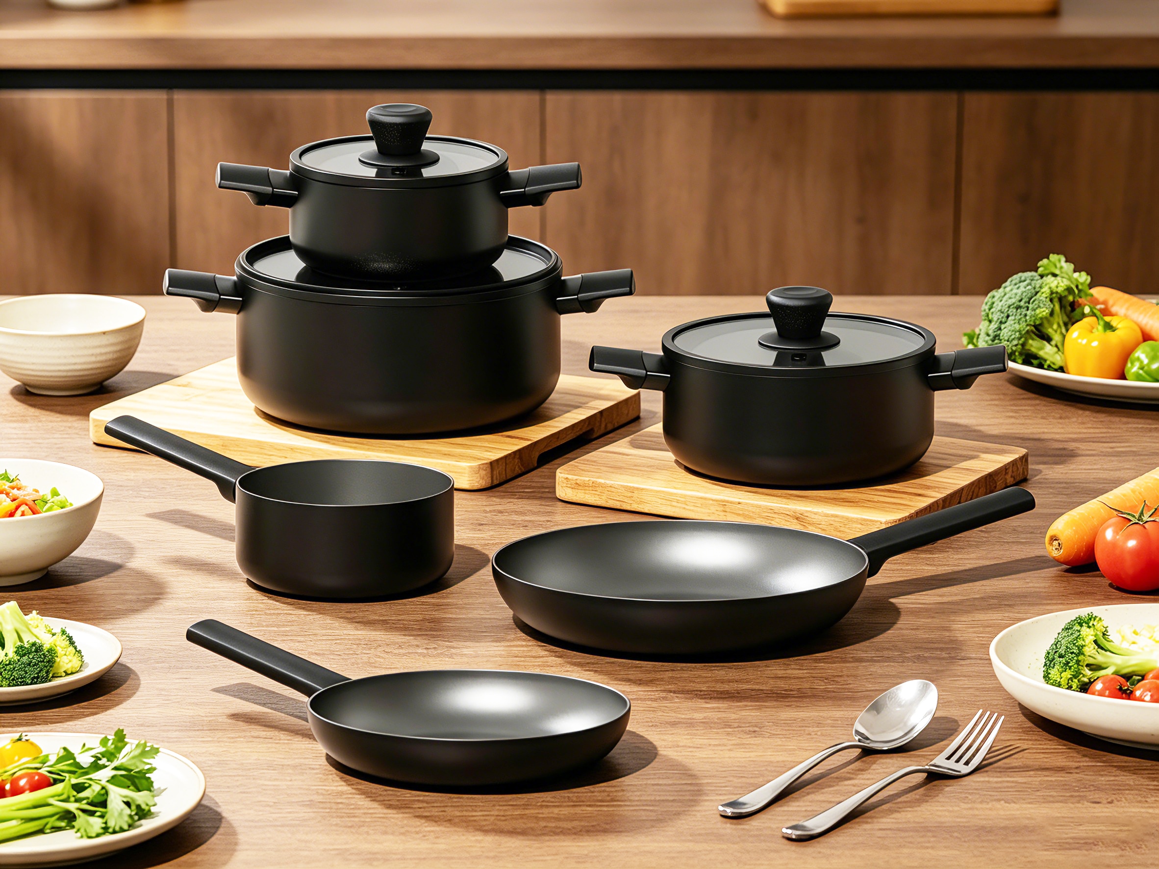 Hanseatic Topf-Set »ALU SCANDI, mit Antihaftbeschichtung« Set, Stielkasserolle 16 cm, Kochtopf 16/20/24 cm, Bratpfanne 24/28 cm, 9 tlg. Aluminium