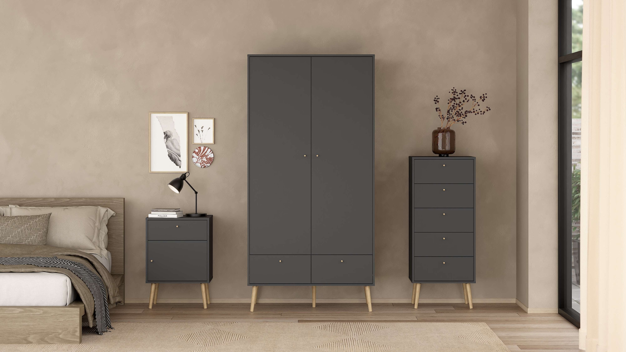 andas Nachtkommode »Bodo, Nachttisch, Nachtschrank, Beistelltisch,«, 1 Tür, 1 Schublade, Beine und Griffe aus Massivholz, Breite 50 cm