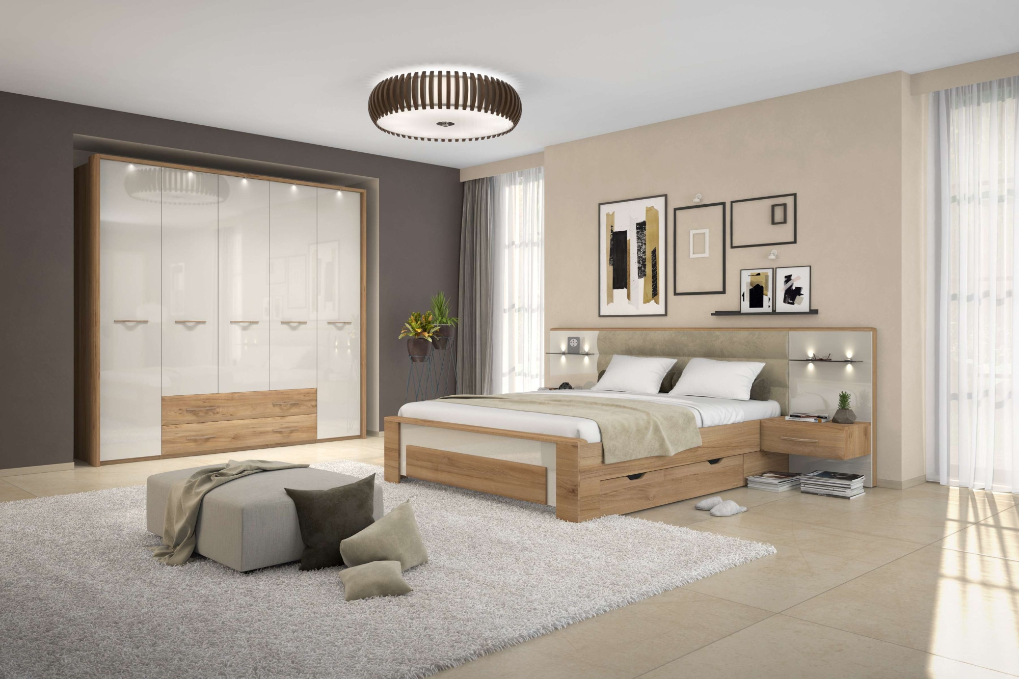 Home affaire Kleiderschrank »Gala, beige hochglänzend UV lackiert, kratzfest, FSC-zertifiziert«, (abgerundete Schubladen aus MDF im Holzdekor, soft-close), mit Beleuchtung und Passpartourahmen, hoher Schrank (224cm), 4 Breiten