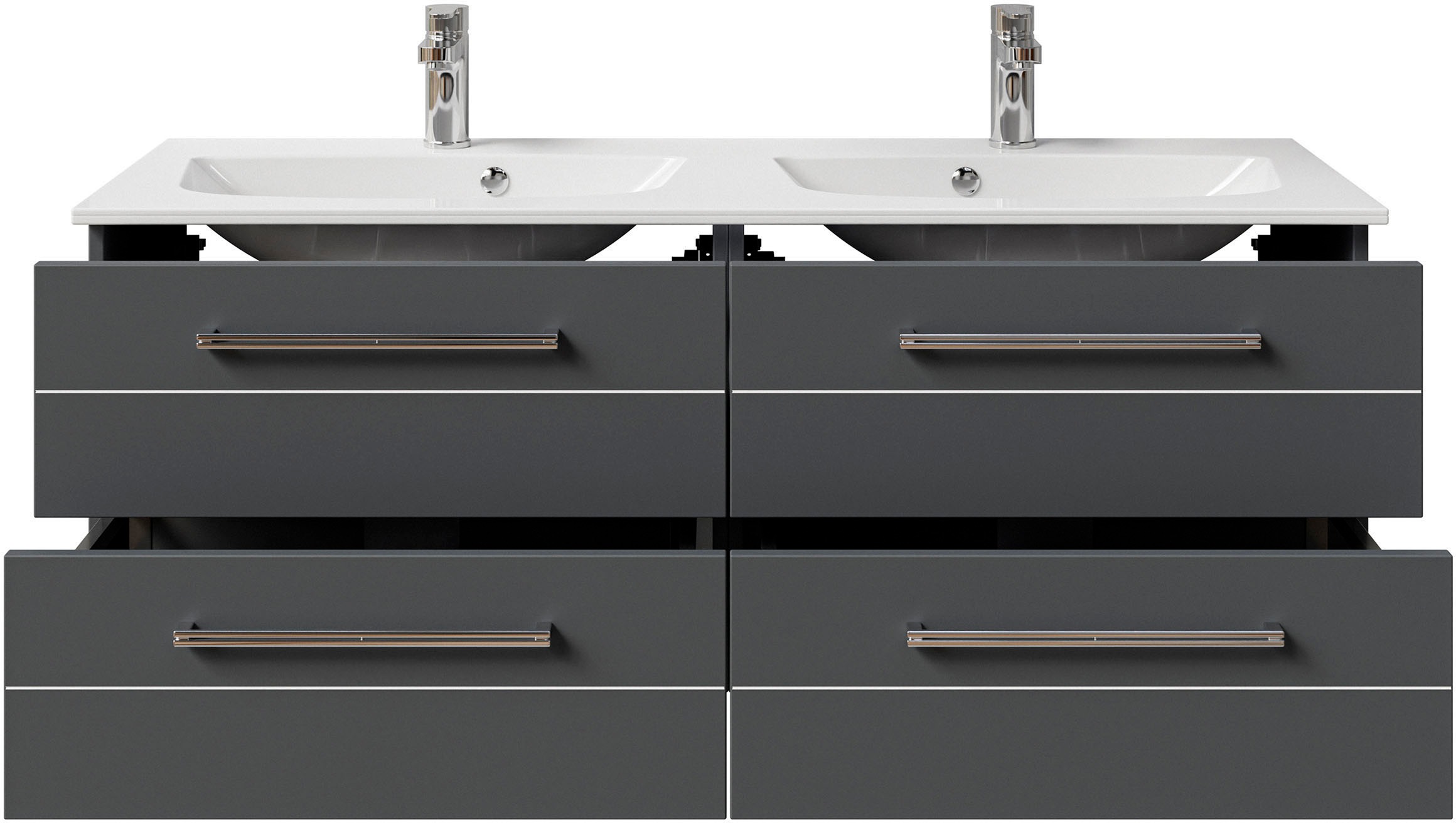 Saphir Badmöbel-Set »Serie 6025 2-teilig Mineralmarmor-Waschtisch mit LED-Spiegelschrank«, (2 St.), Waschplatz 132cm breit, 4 Schubladen, 2 Spiegel-Türen, inkl Türdämpfer