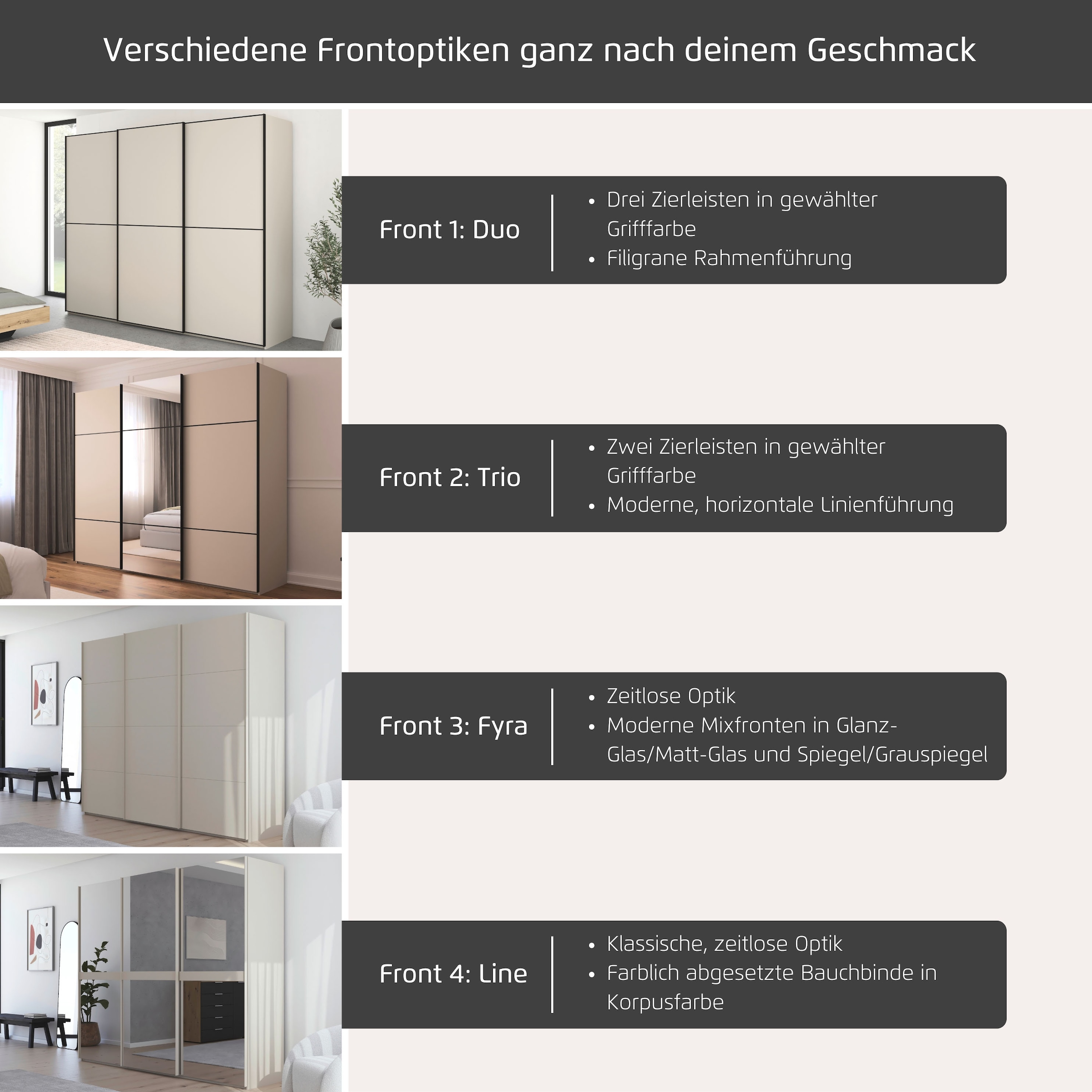 rauch Schwebetürenschrank »Kleiderschrank Schrank Garderobe Schlafzimmerschrank SCALE-FYRA«, edle Türen viergeteilt Glas matt/glänzend viele Farben MADE IN GERMANY