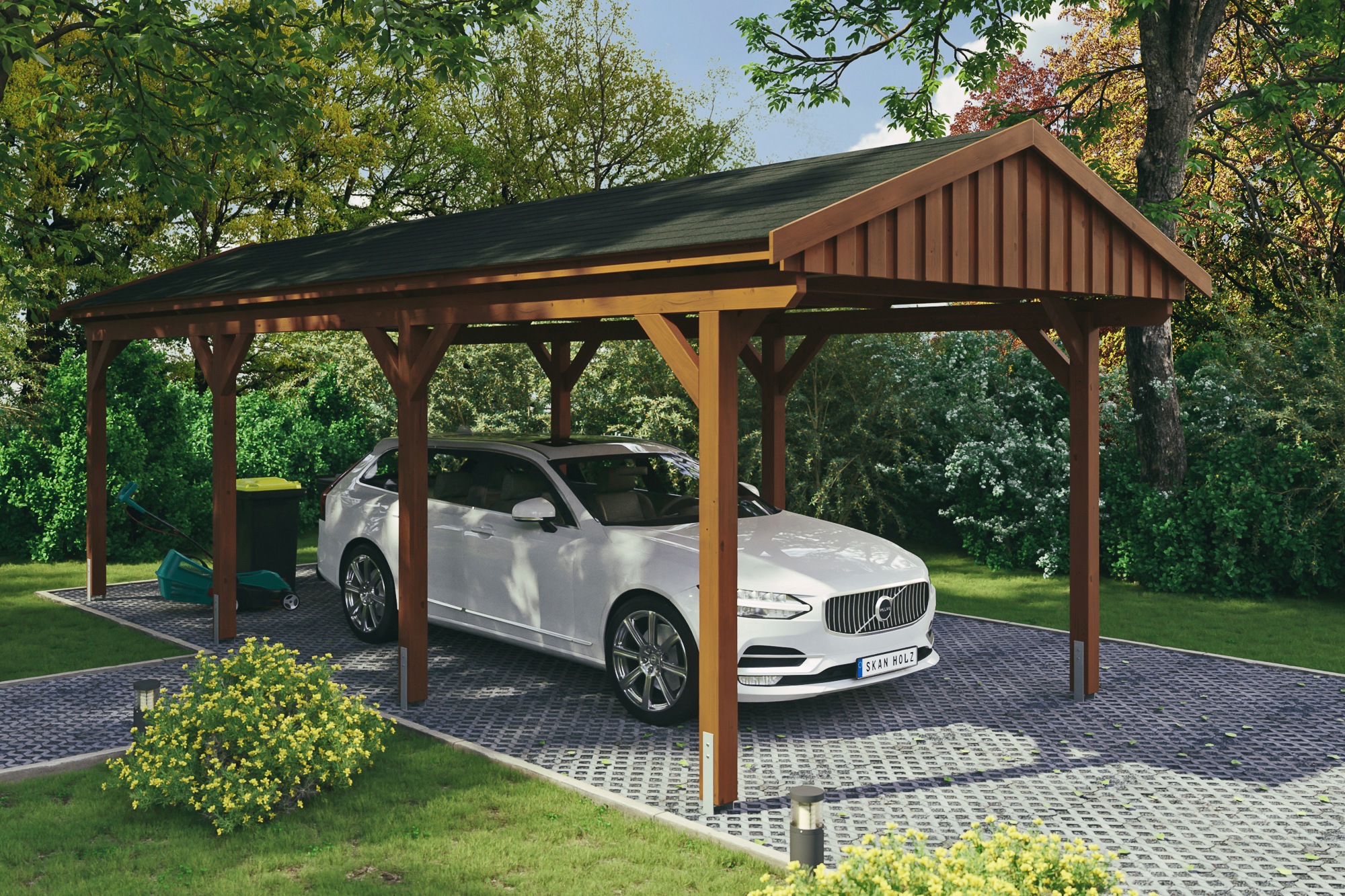 Skanholz Einzelcarport »Fichtelberg«, Leimholz-Nordisches Fichtenholz, braun, mit schwarzen Schindeln