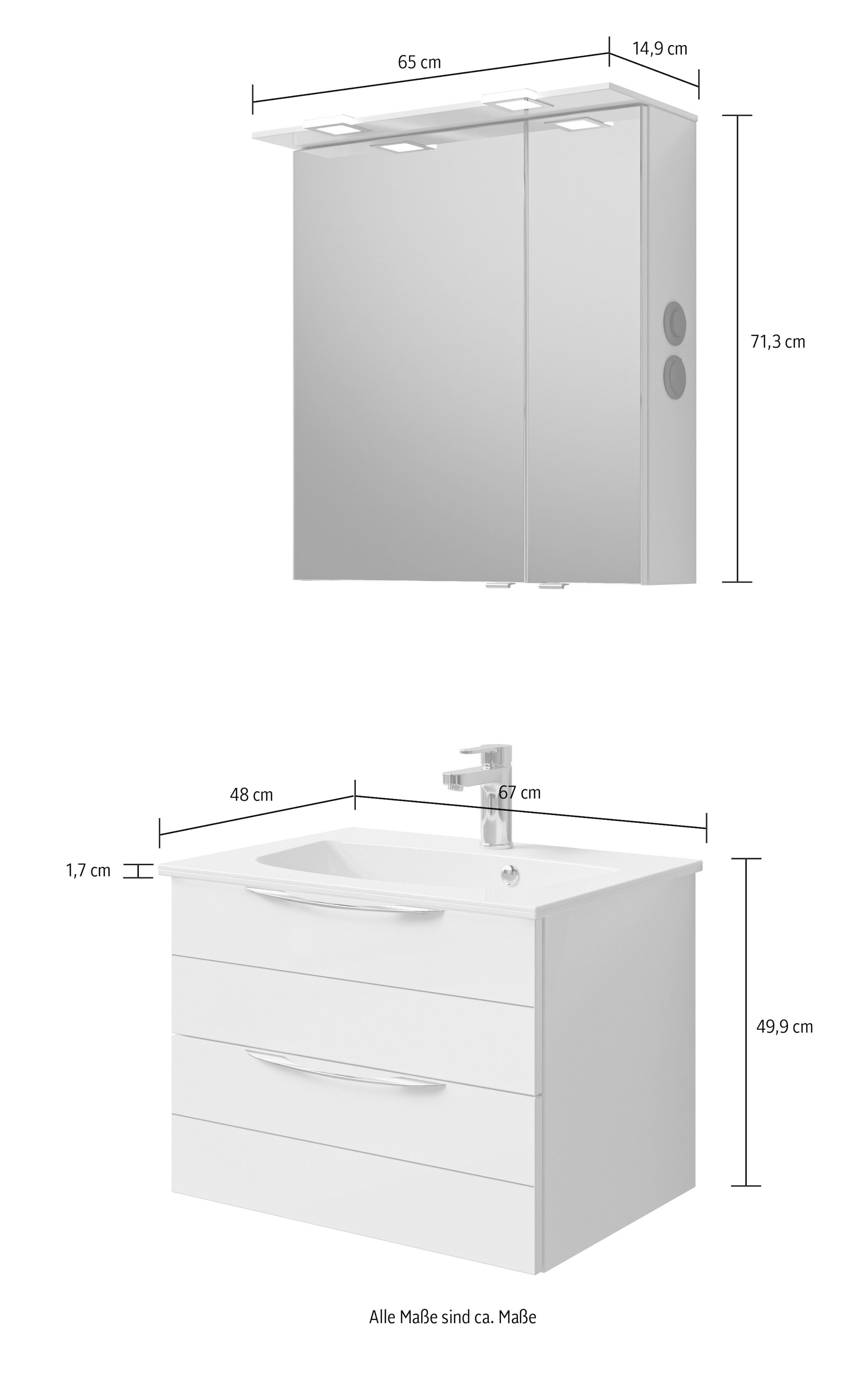 Saphir Badmöbel-Set »Serie 6025 2-teilig Mineralmarmor-Waschtisch mit LED-Spiegelschrank«, (2 St.), Waschplatz 67 cm breit, 2 Schubladen, 2 Spiegel-Türen, inkl Türdämpfer