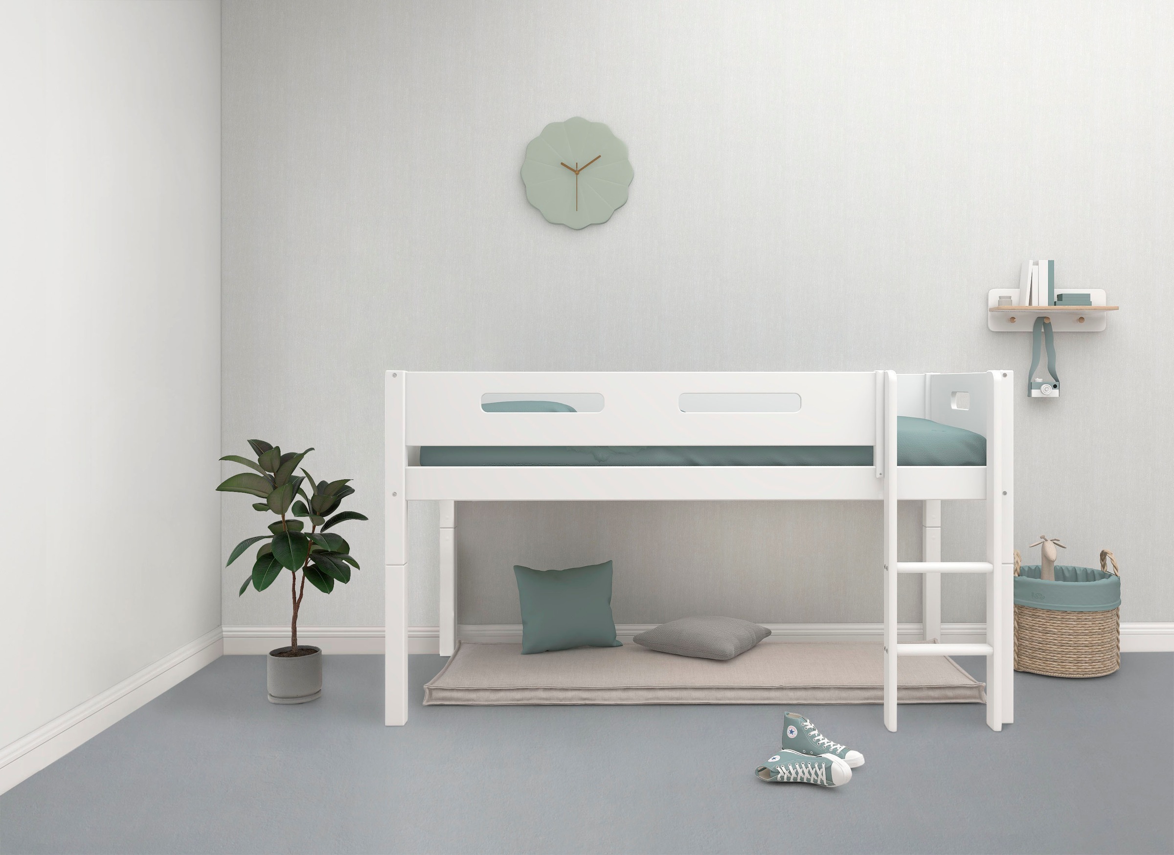 Spielbett “ Nordic“, (4 tlg.), produziert by Flexa,Umbaubar in Einzelbett, incl Rollrost, weiss + weiss + weiss Breite Absturzsicherung vorne in MDF