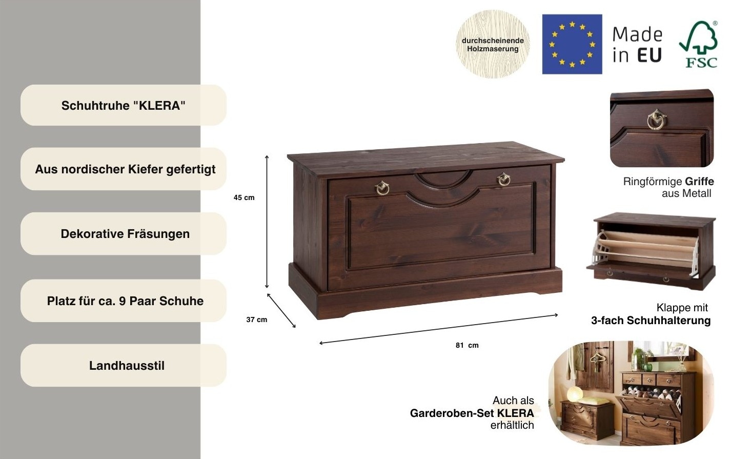 OTTO home Schuhtruhe »Klera« Breite 81 cm, aus massiver Kiefer, FSC®-zertifiziert