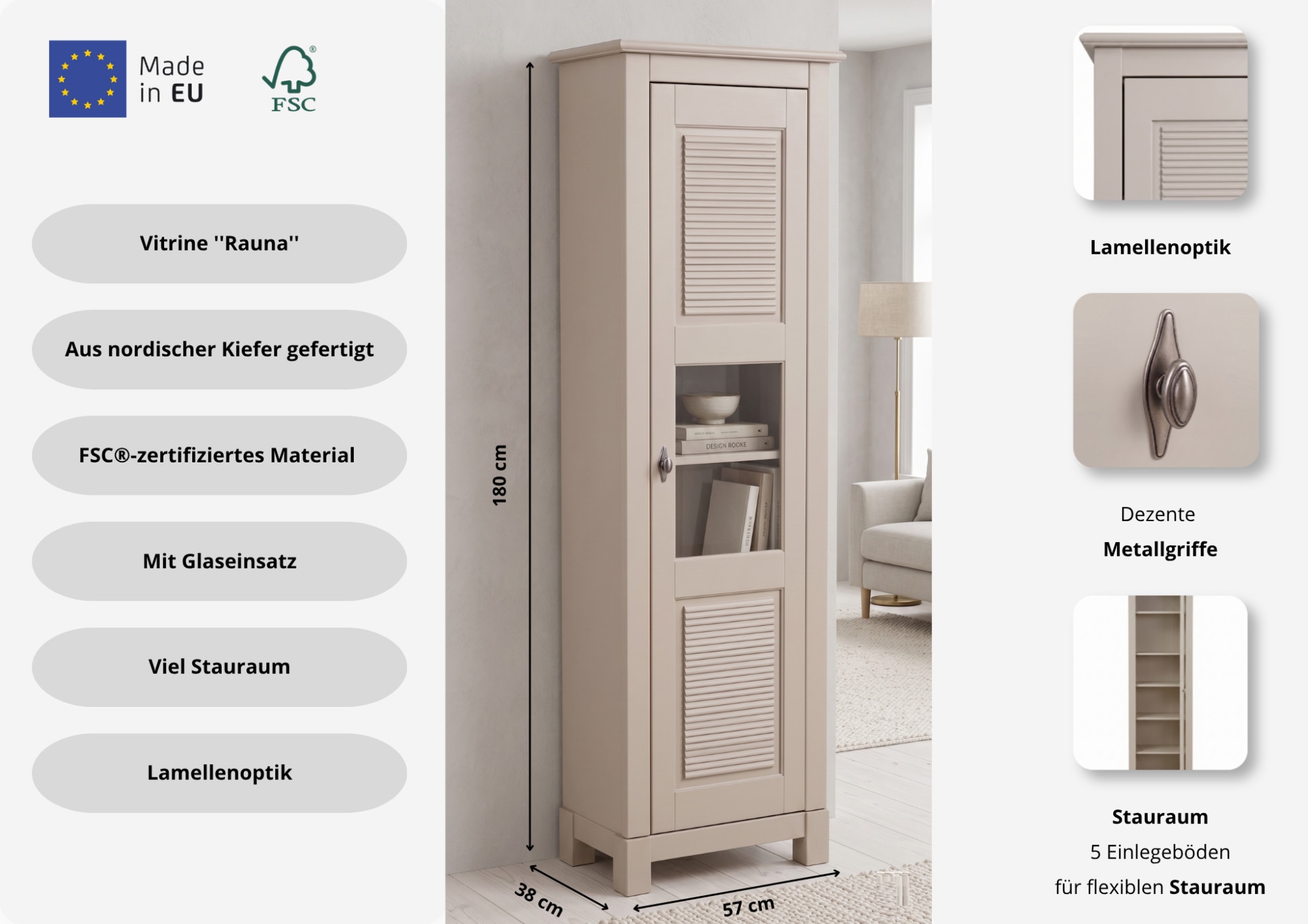 OTTO home Vitrine »Rauna Vitrinenschrank, Stauraumchrank« Höhe 180 cm, aus massiver Kiefer, FSC®-zertifiziert