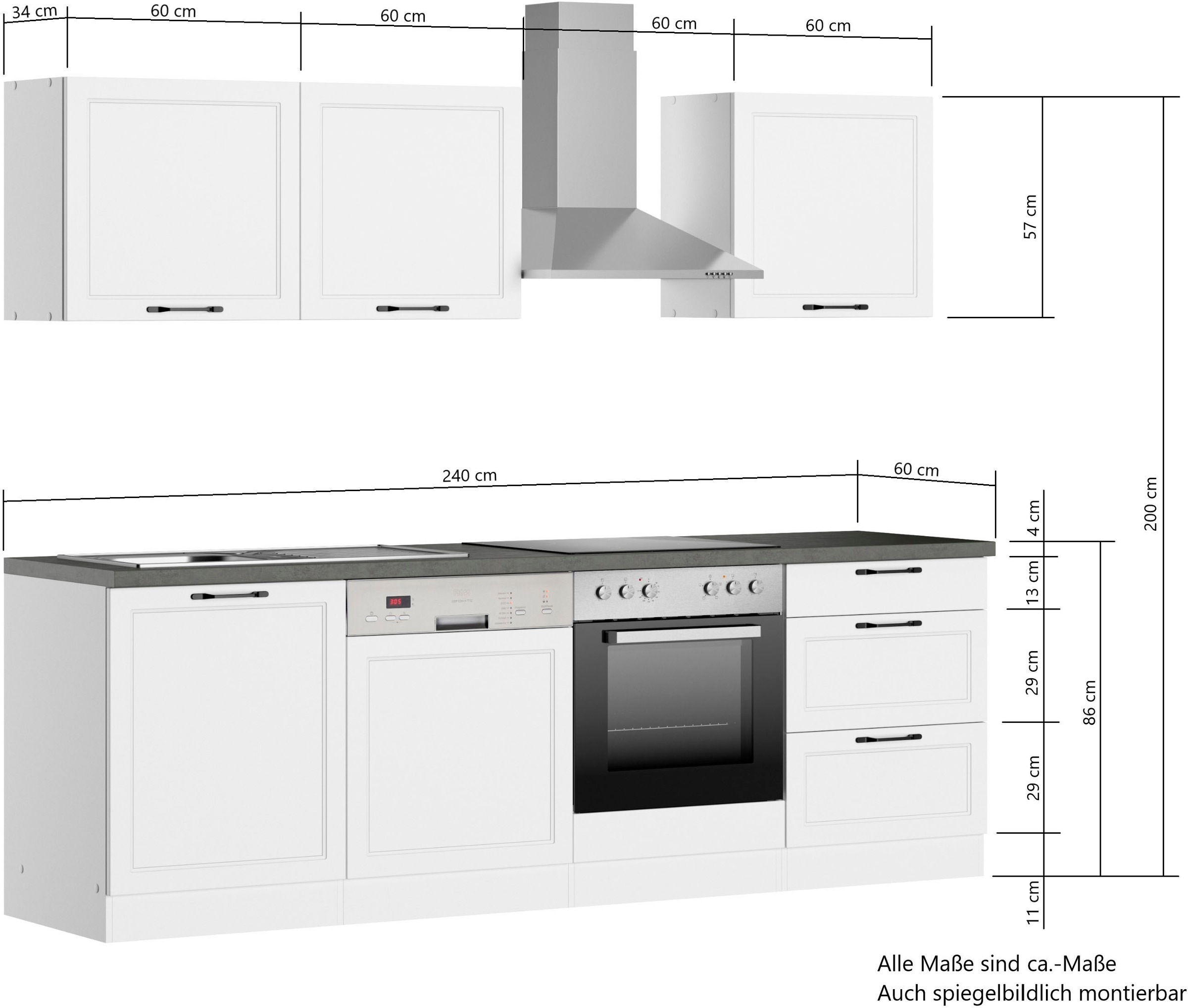 KOCHSTATION Küchenzeile »KS-Lani, mit MDF-Fronten«, Breite 240 cm, wahlweise mit E-Geräten, Höhen-Ausgleichsfüße 0-4 cm
