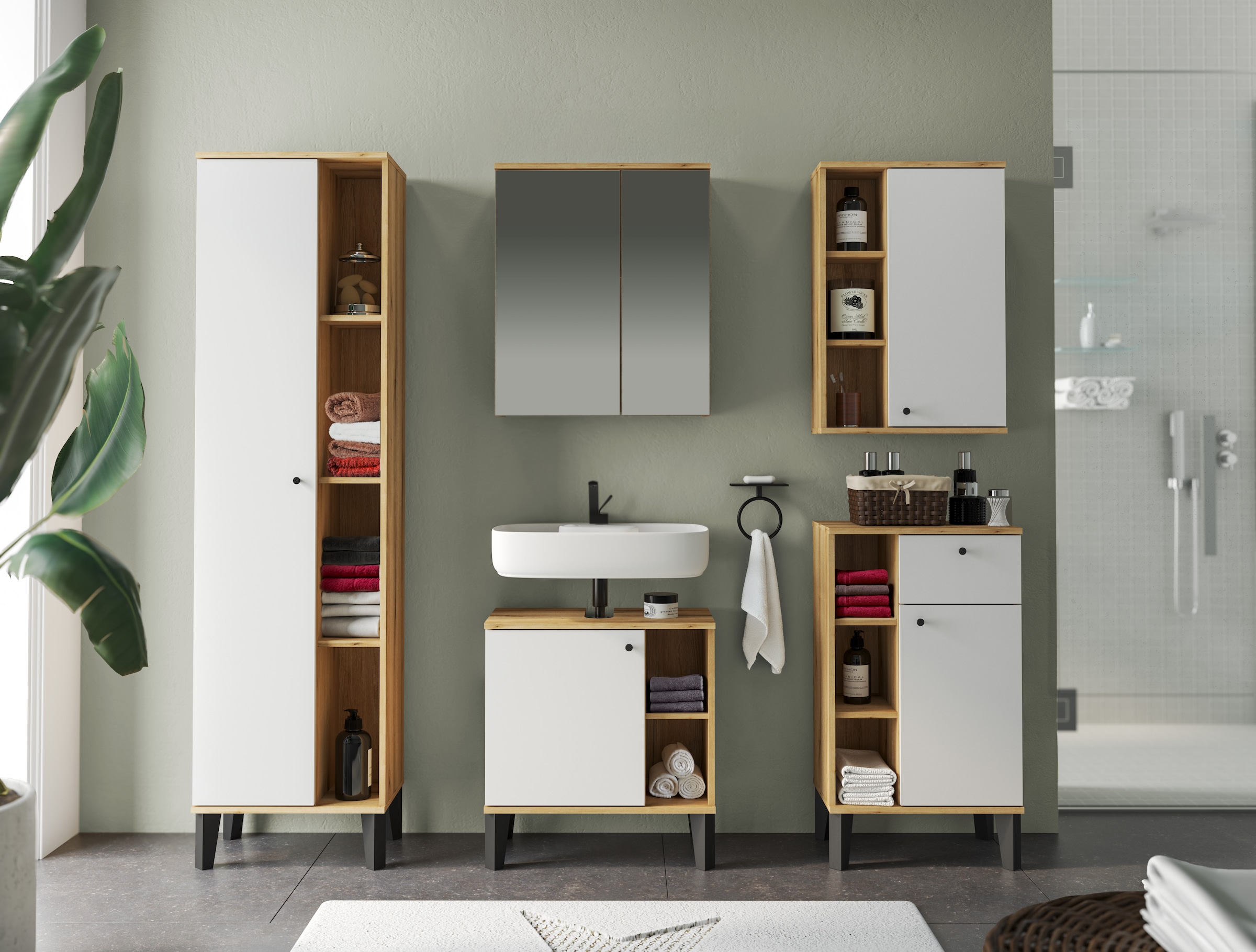 INOSIGN Stauraumschrank »Oslo, Badschrank mit Knopfgriff, Hochschrank im skandinavischen Design«, in der Türfarbe Weiß oder Grau verfügbar, ausreichend Stauraum