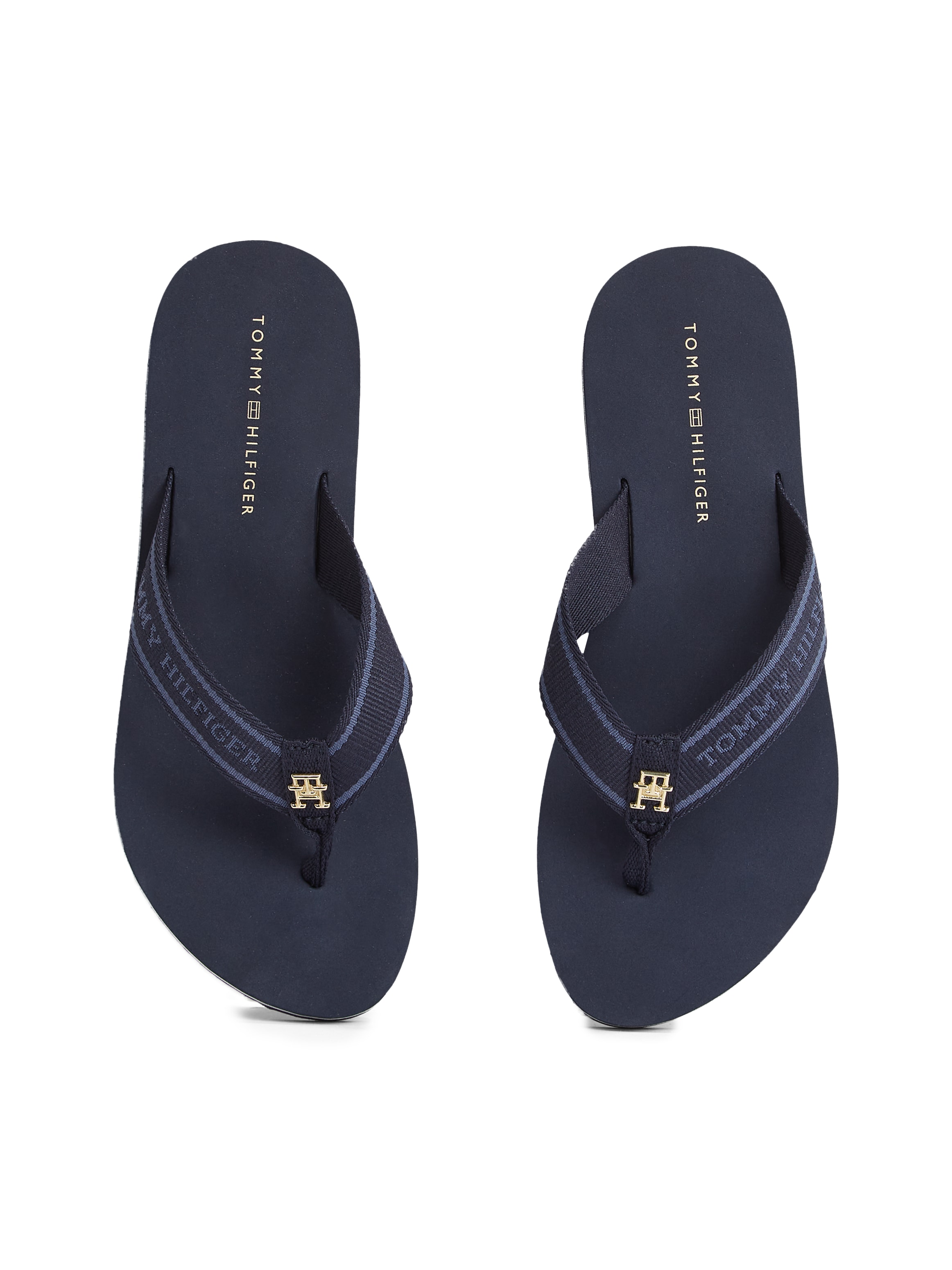Tommy Hilfiger Zehentrenner »HILFIGER WEBBING BEACH SANDAL«, Sommerschuh, Flats, Bequemschuh, Dianette mit zweifarbiger Sohle
