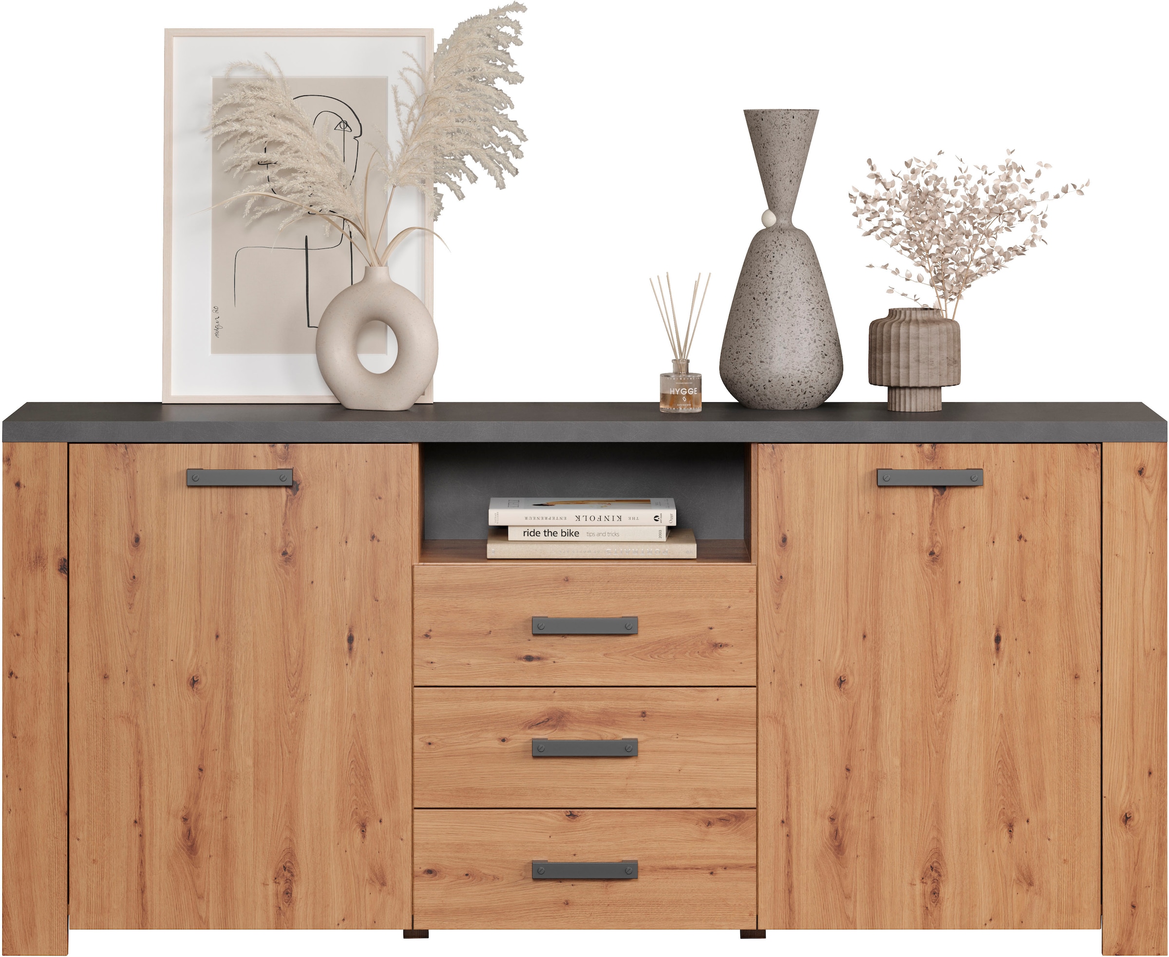 Home affaire Sideboard »Ambres«, (1 St.), Kommode Echtholzoptik, Maße BxH: 180x83 cm, Eiche