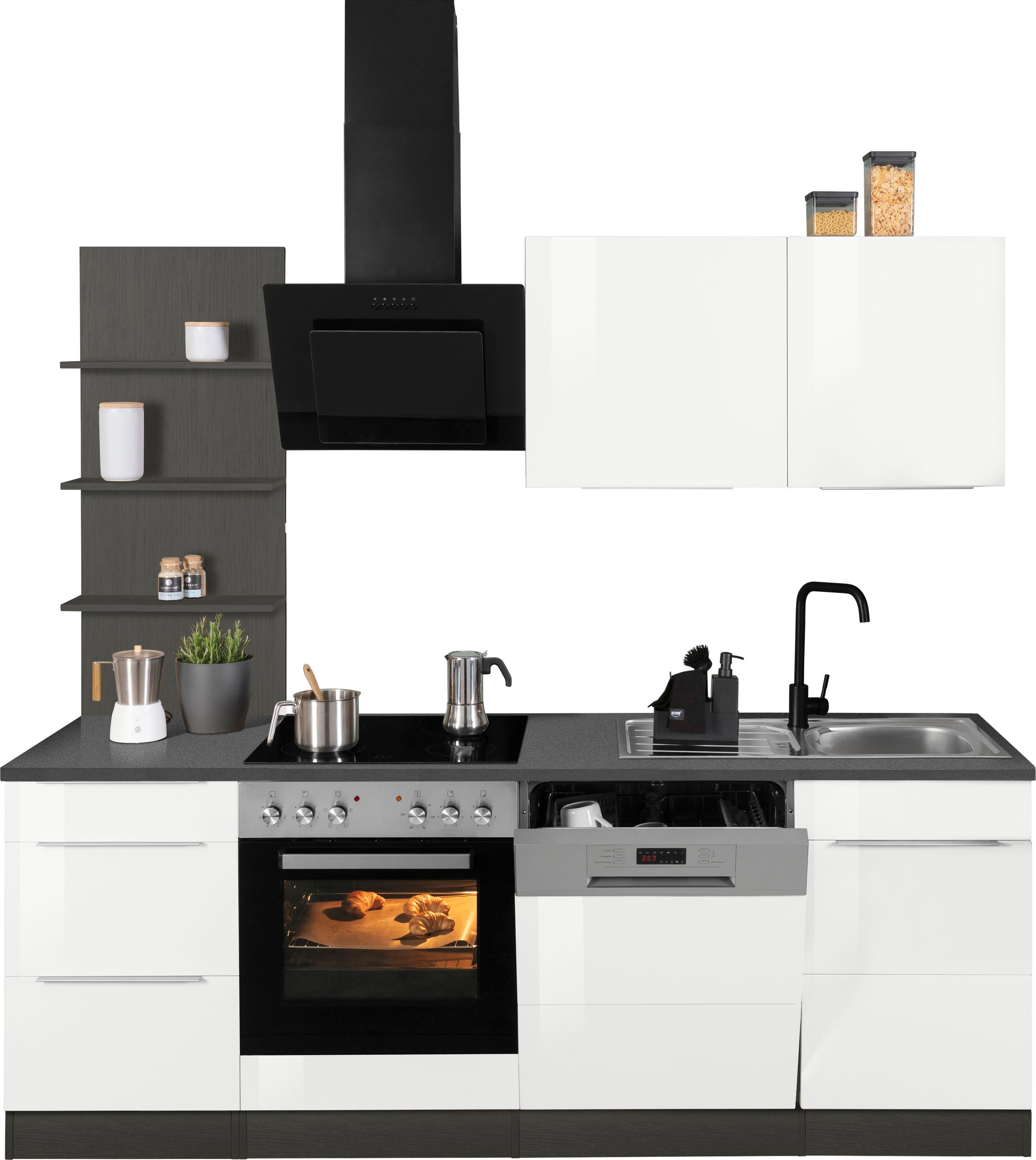 KOCHSTATION Küchenzeile »KS-Brindisi«, Breite 220 cm, wahlweise mit E-Geräten, mit MDF-Fronten und Regal