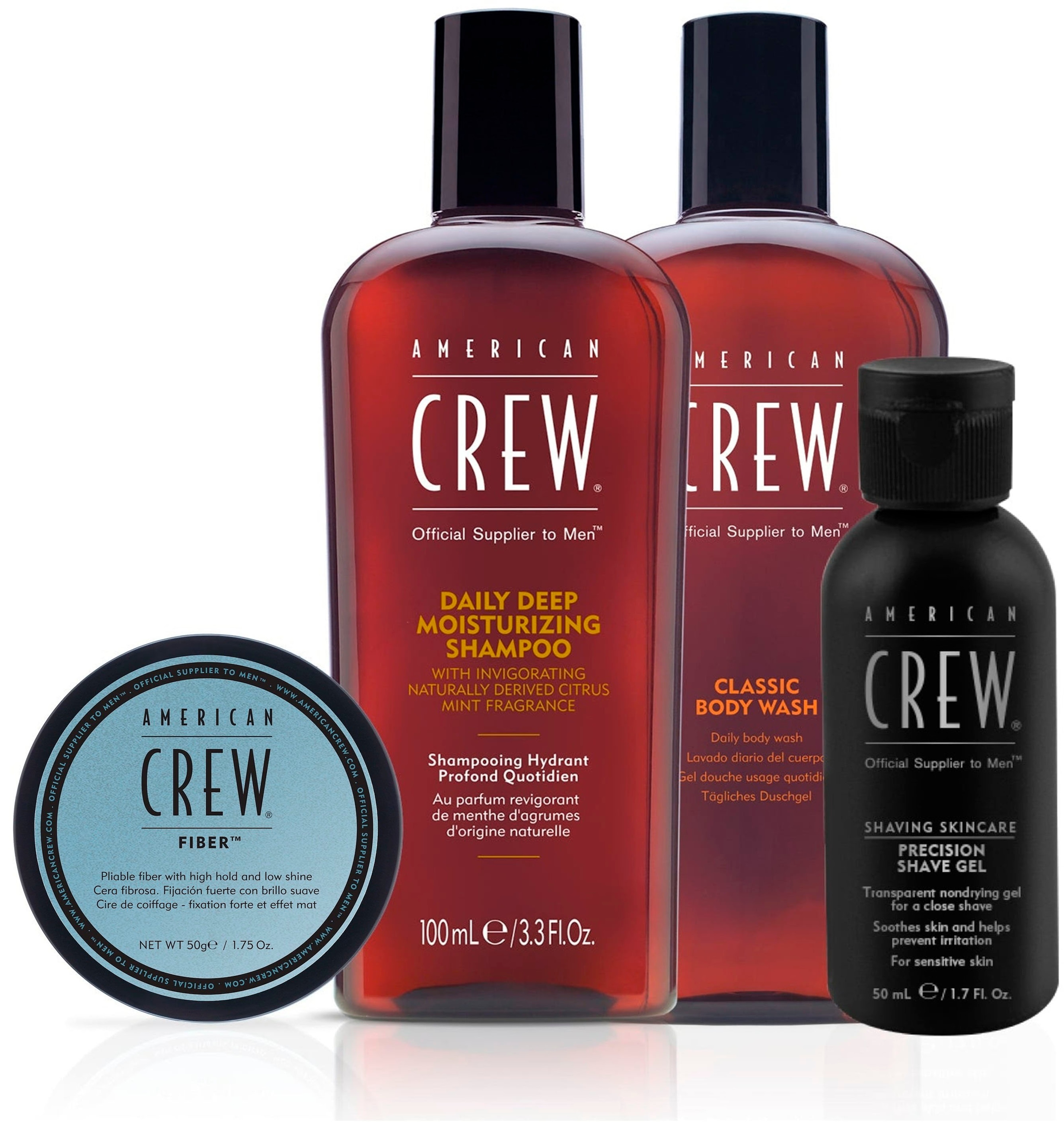 American Crew Haarpflege-Set »Travel Kit - Classic Fiber 50 gr + Moisturizing Shampoo 100 ml«, (4 tlg.), + Body Wash 100 ml + Precision Shave Gel 50 ml