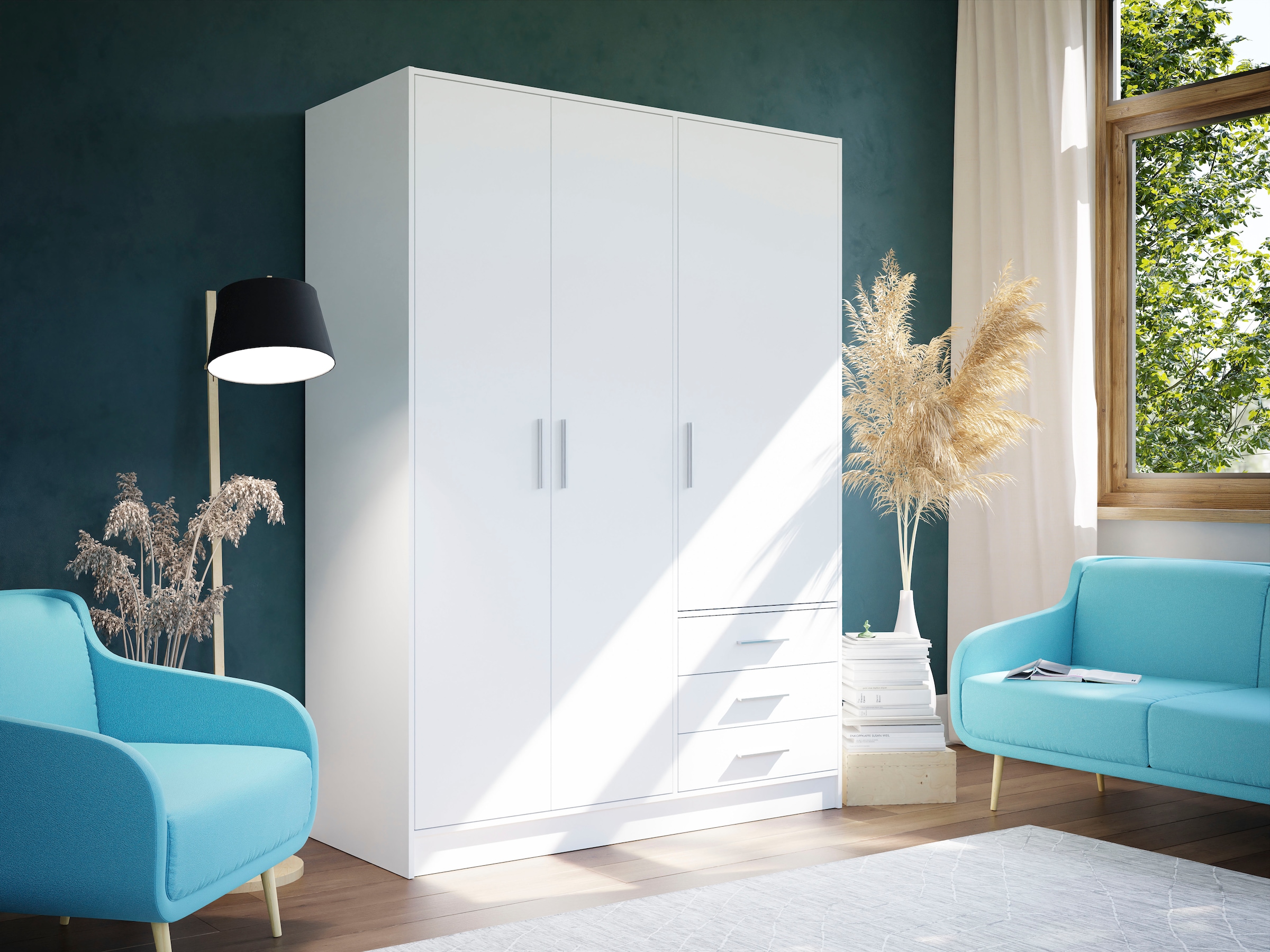 FORTE Kleiderschrank »Jupiter, Made in Europe, mit Schubladen«, (Maße (T/H): 60/200 cm), Stauraum, 2 Breiten, 4 Farben, Schubladen, variable Einlegeböden