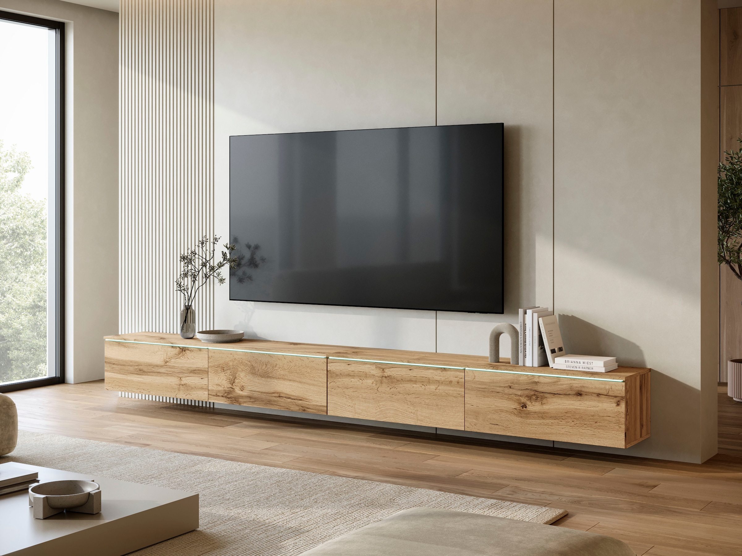 Home affaire Lowboard »Vera, TV-Schrank, Breite 300 cm, verschiedene Farbausführungen« 1 Stk. tlg. Mit LED, 4 Klappen, grifflose Fronten, hängend oder stehend
