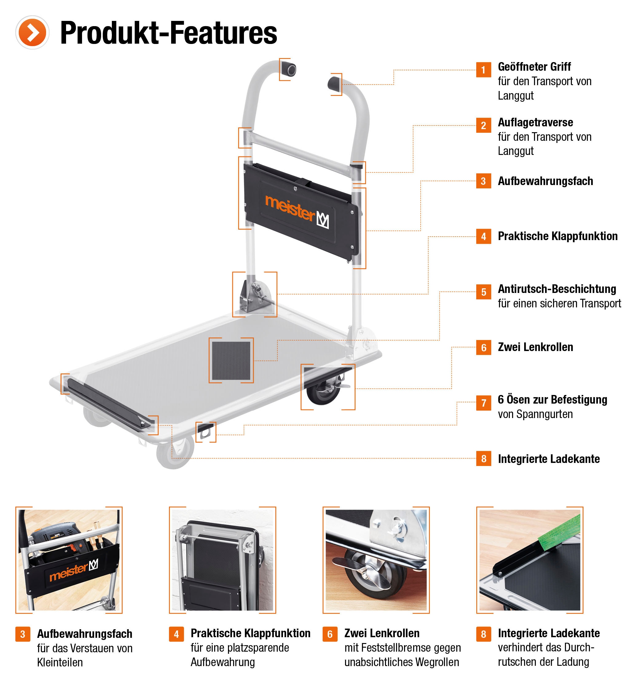 meister Transportwagen »cut-off, Klappwagen / 8985620«, bis 150 kg Tragkraft, Feststellbremse, Lenkrollen, Antirutschbesch.