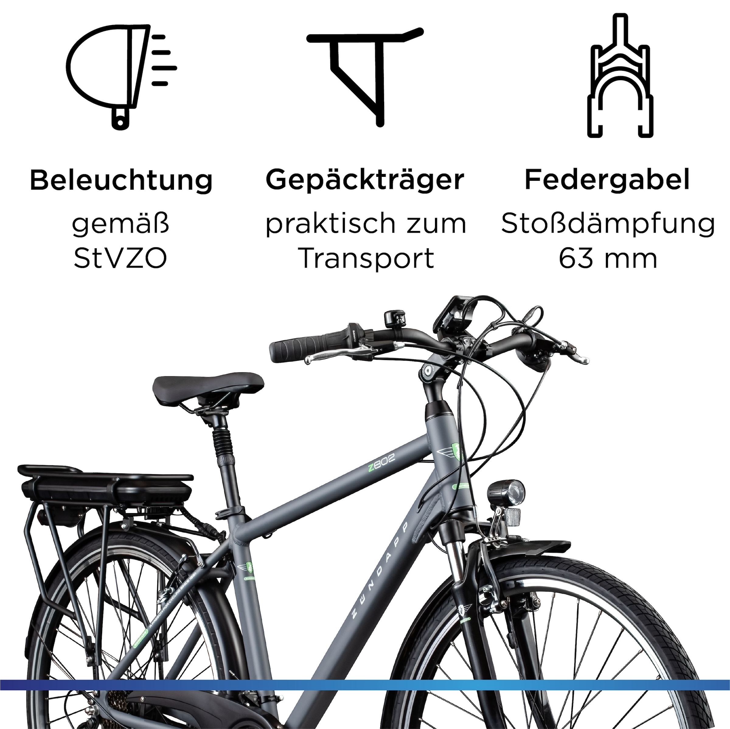 Zündapp »Z802 Herren« 21 Gang Shimano Altus RD-M310 Schaltwerk Kettenschaltung Heckmotor 250 W Pedelec, Elektrofahrrad für Herren