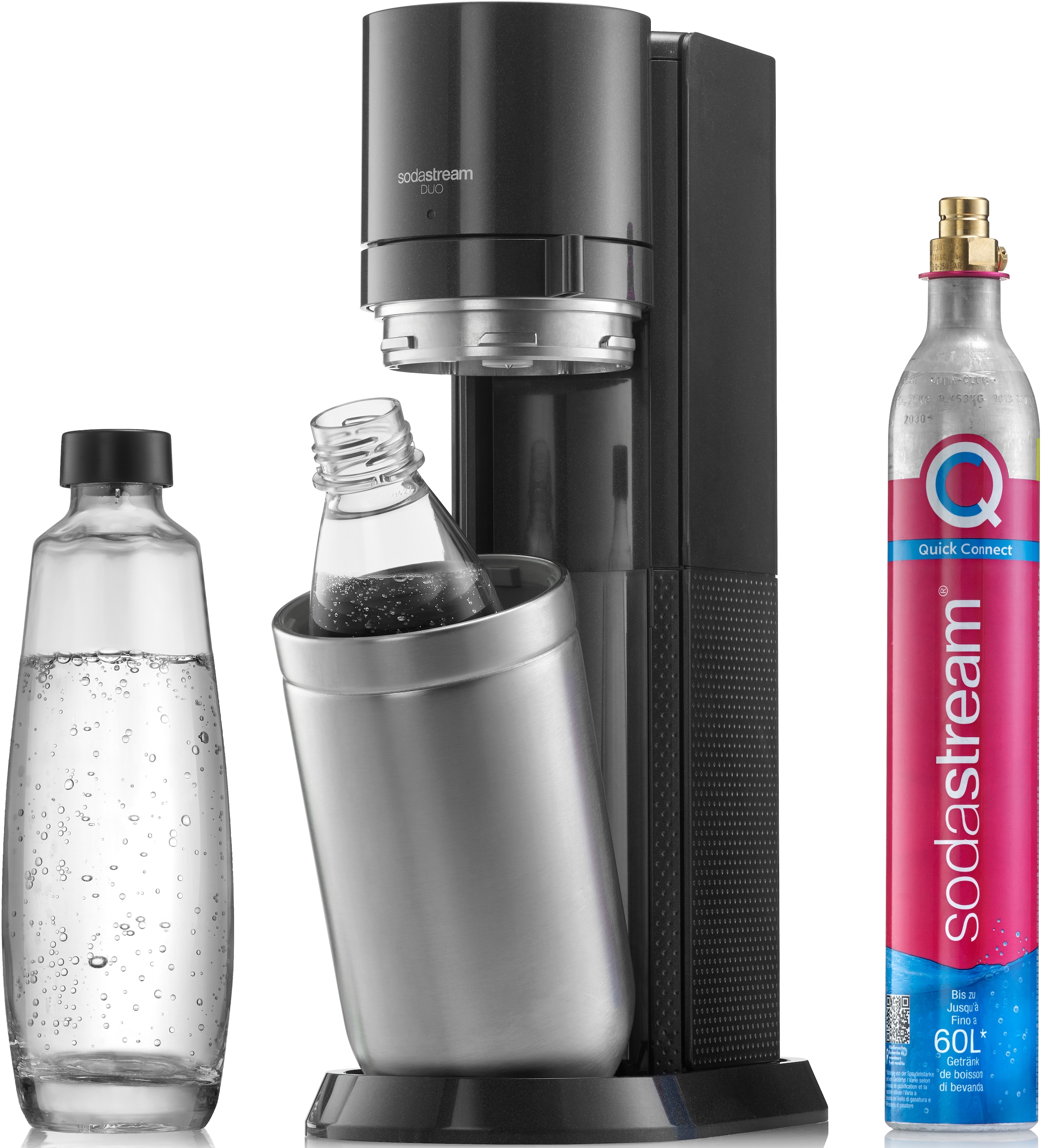 SodaStream Wassersprudler »DUO«, (Set, 1x 1L online tlg.), 4 spülmaschinenfeste 1L bestellen Kunststoff-Flasche Glasflasche mit CO2-Zylinder, und 1x