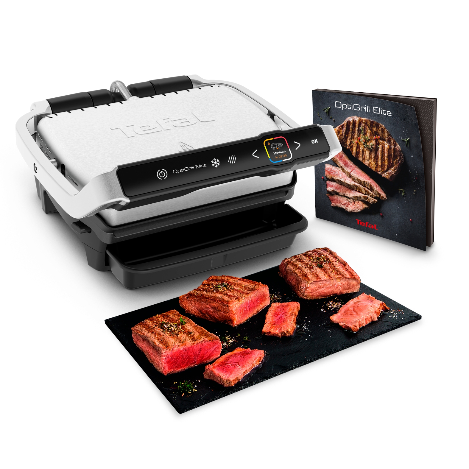 TEFAL Kontaktgrill »GC750D OptiGrill Elite« 2000 W 12 Programme, intuitiver Sensor, Grillboost-Funktion, Rezeptbuch App edelstahlfarben/schwarz...