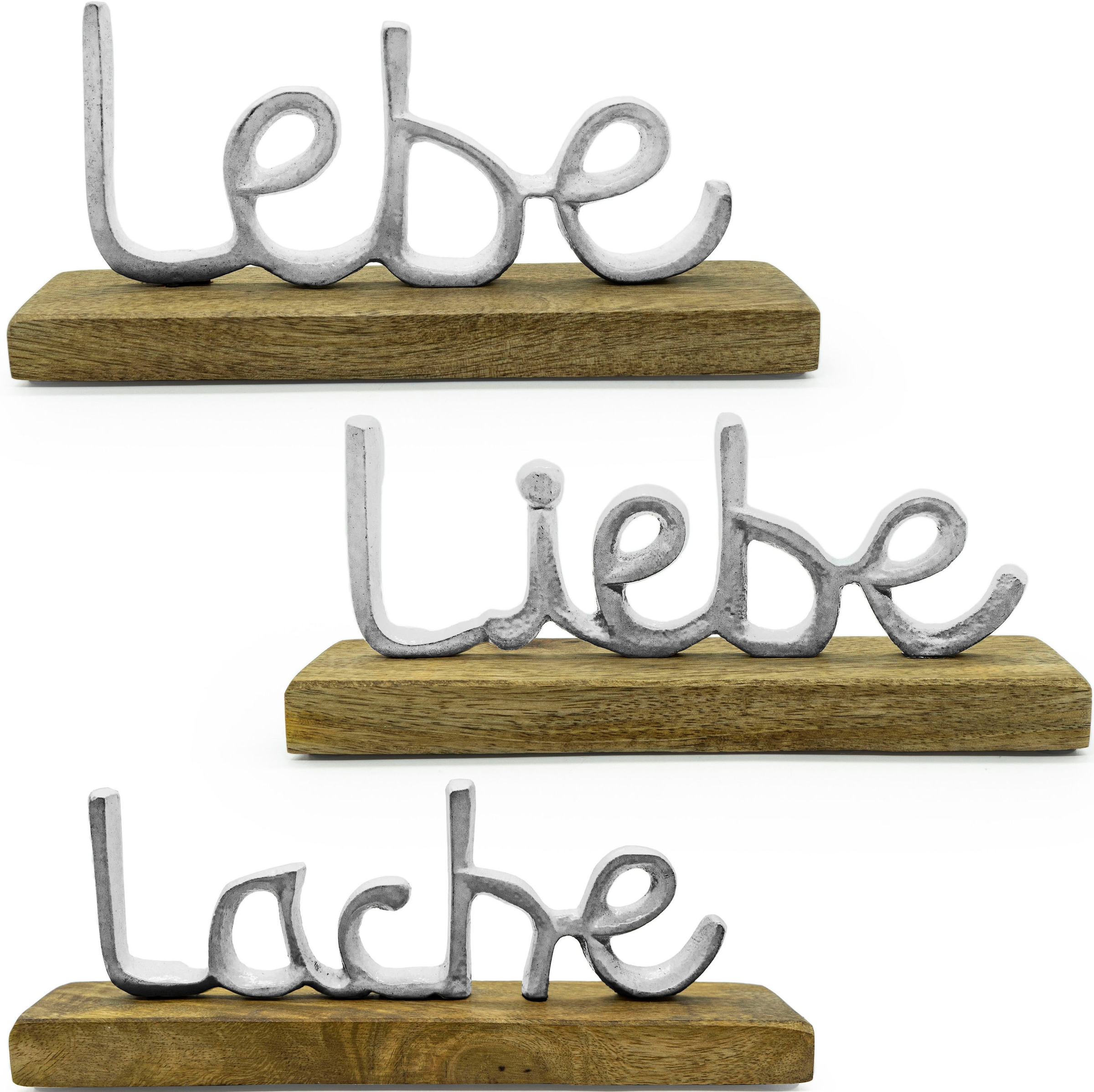 NOOR LIVING Deko-Schriftzug »Lebe, Liebe, Lache« aus Holz und Aluminium silberfarben