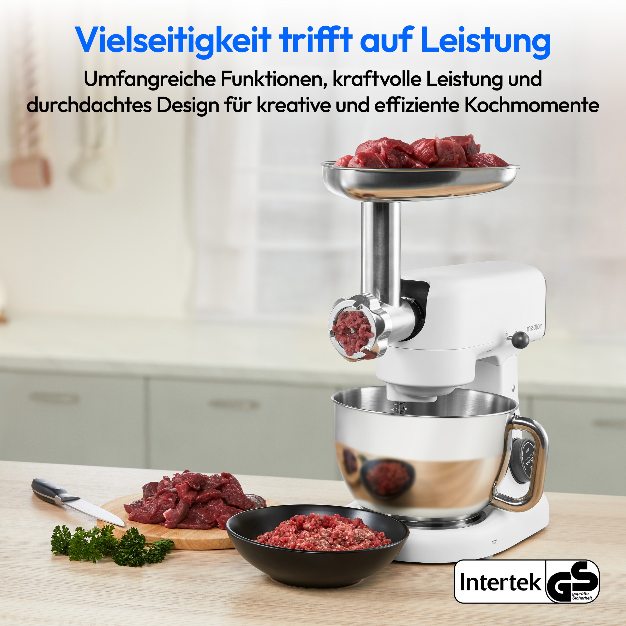 Medion® Küchenmaschine »MD 12600, 8 Geschwindigkeitsstufen, Impulsfunktion, DC-Motor, 4,6 L«, Mit umfangreichem Zubehör-Set, Fleischwolf-Aufsatz, Gemüsereibe
