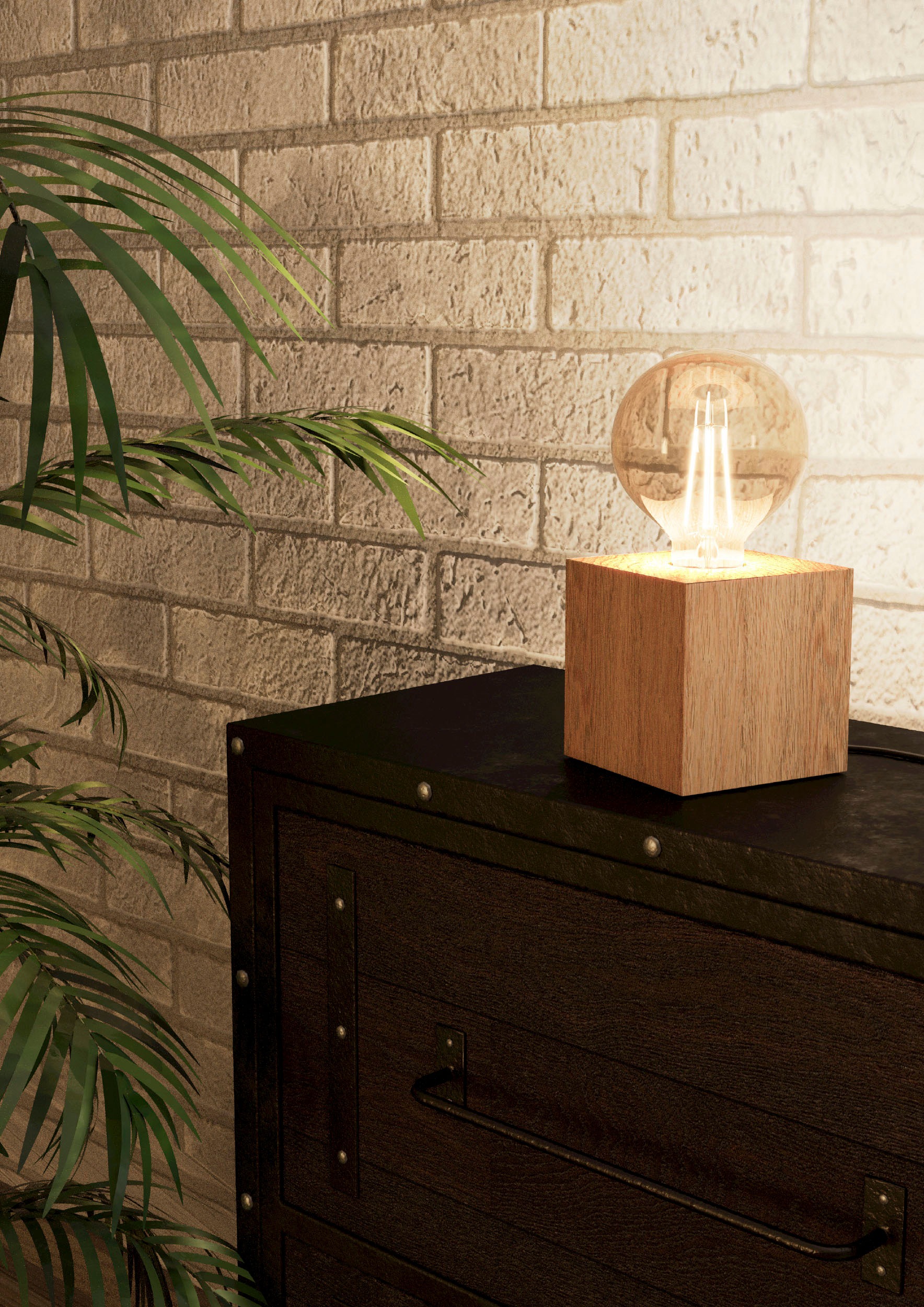EGLO Tischleuchte »PRESTWICK 2 Tischlampe, Würfel, Holz, ohne Lampenschirm, E27«, Leuchtmittel E27 | Leuchtmittel wechselbar-ohne Leuchtmittel, Nachttischlampe, Deko, wohnlich, Schalter am Kabel, 9,5x9,5x9,5 cm