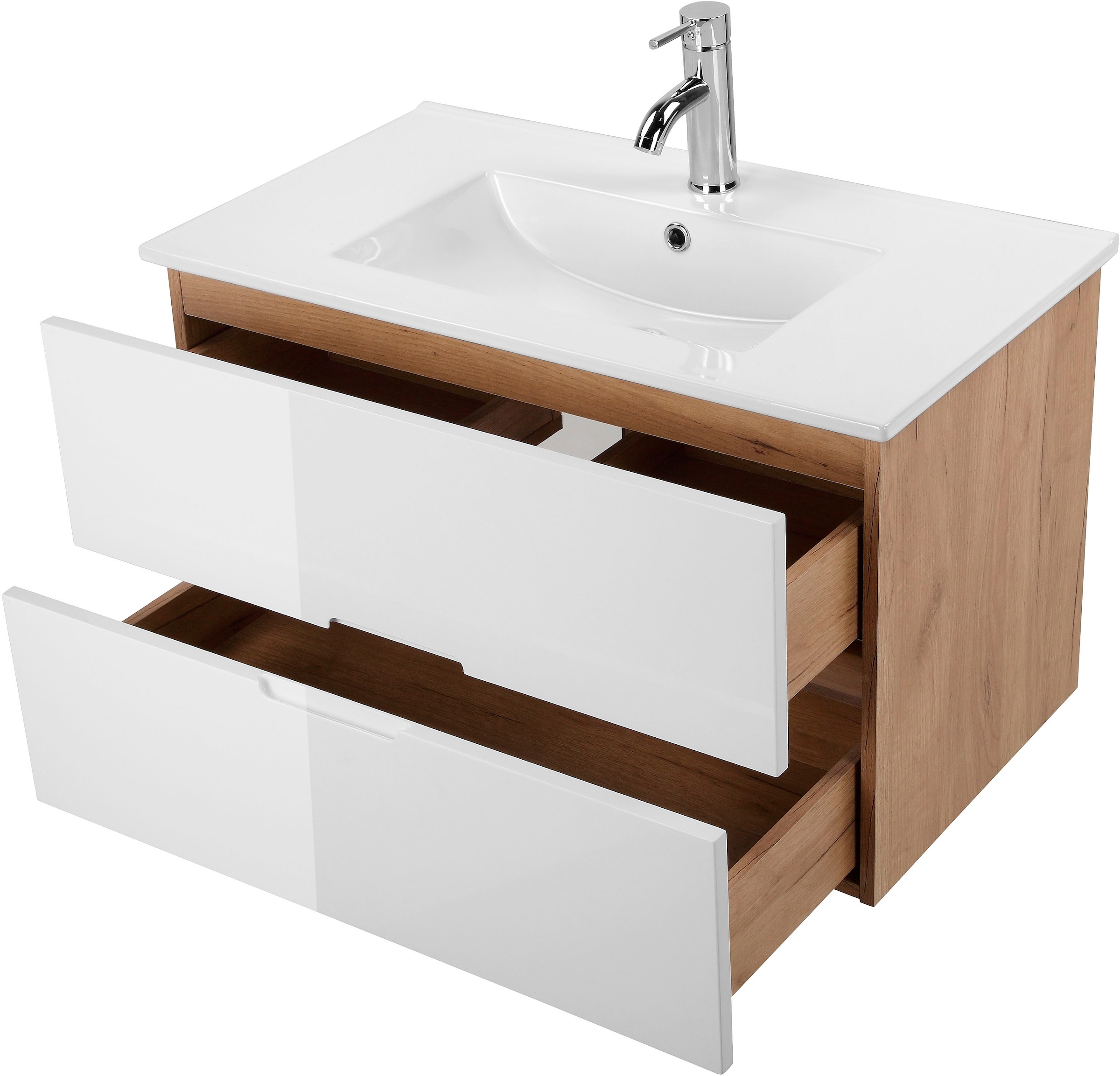 andas Badmöbel-Set »Lund Badmöbel Set Badschrank Badezimmerset«, (Komplett-Set, 3 St.), Waschtisch, Spiegelschrank und Becken Breite 80cm