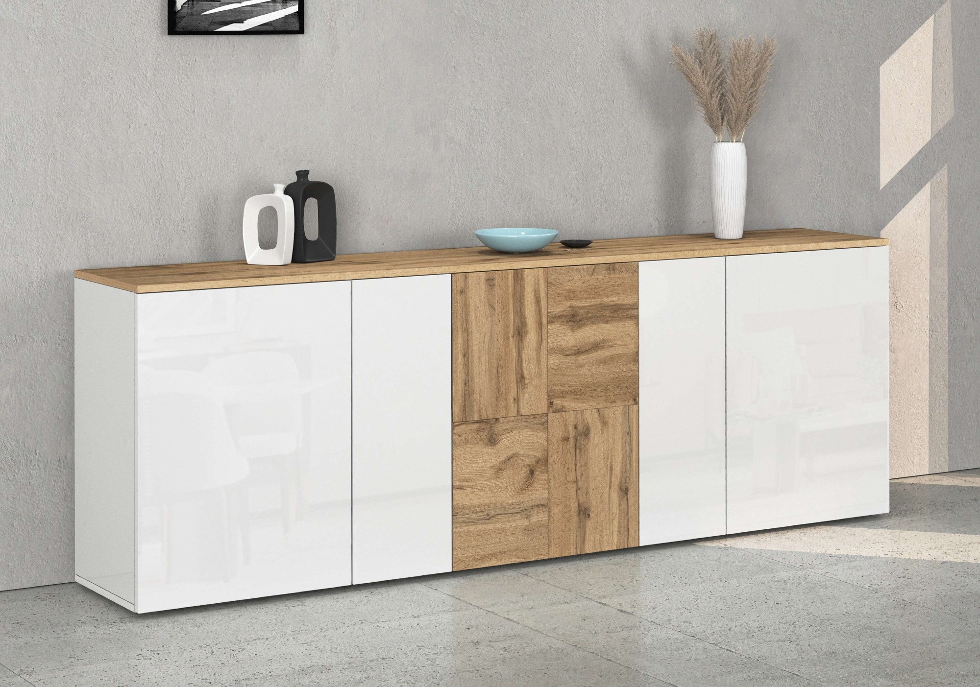 INOSIGN Sideboard »Sideboard ISEO, Kommode, Schrank, Kredenz« 1 Stk. tlg. stehend/hängend, 5 Türen HG lackiert, 6 Fächer, B 200 cm