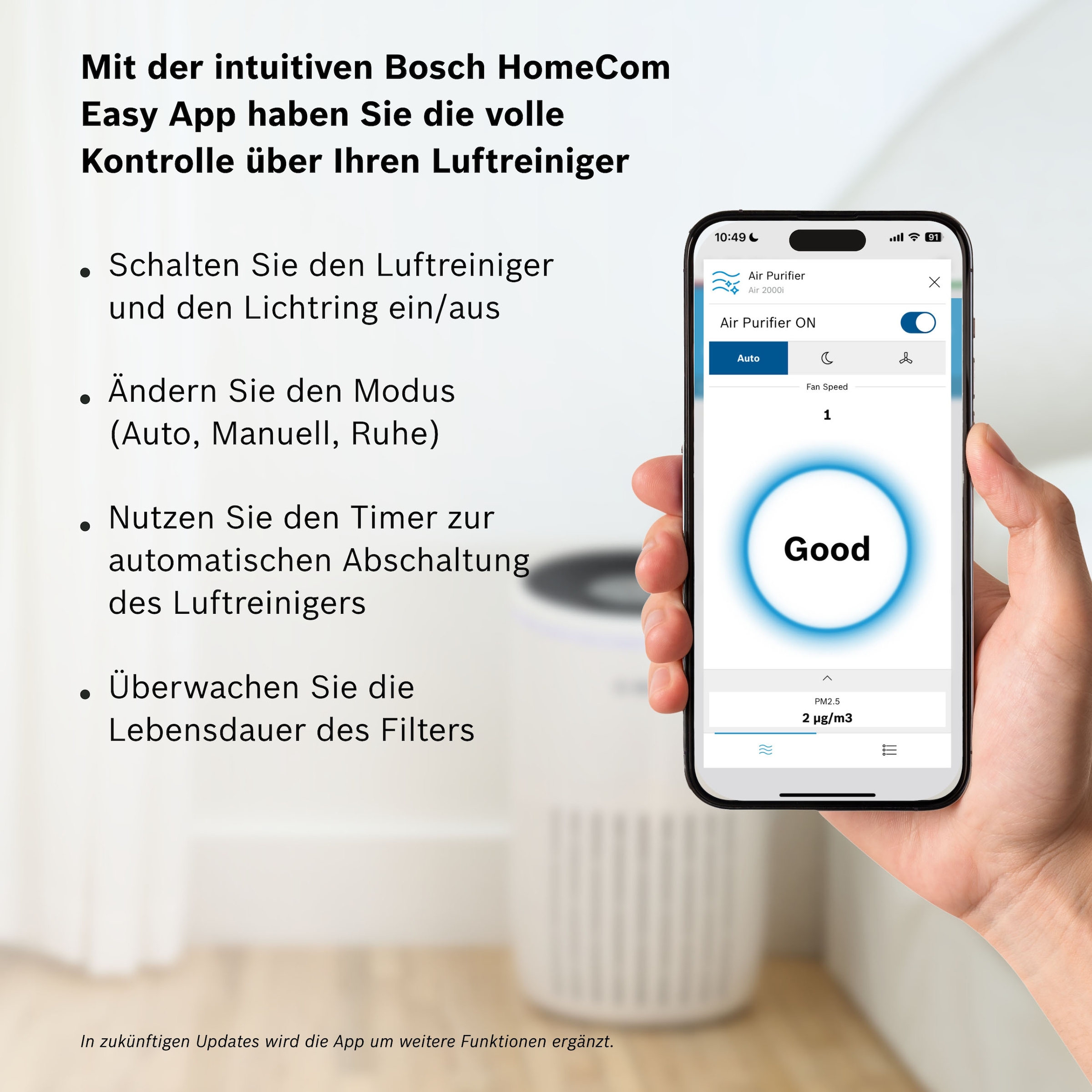 BOSCH Luftreiniger »Air 2000i, kompakt mit App-Steuerung« für 37 qm Räume mit 3-in-1 Luftfilter, Smart Sensor, Automatik-, Ruhemodus < 25 dB(A)