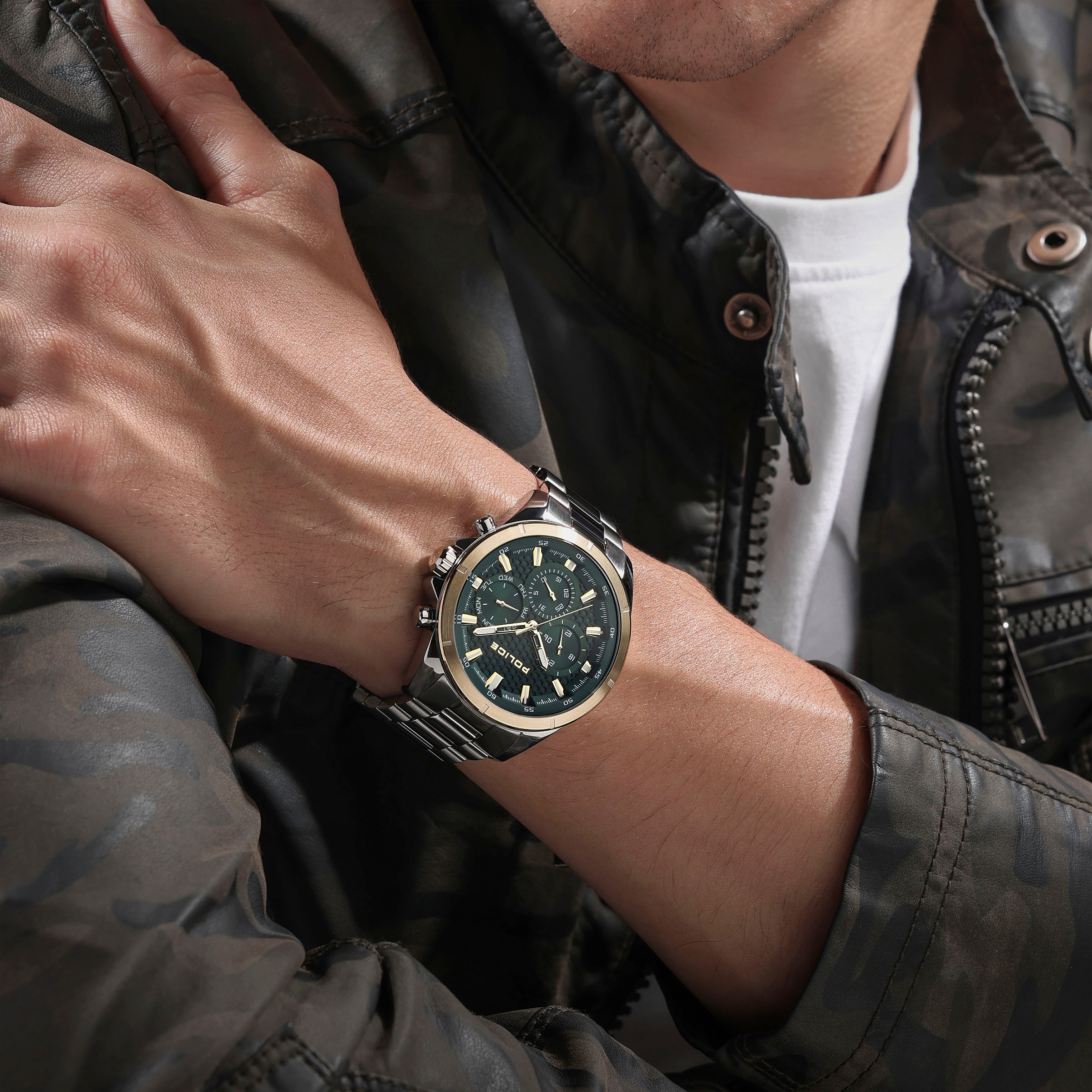 Police Multifunktionsuhr »MOTION«, Quarzuhr, Armbanduhr, Herrenuhr, Edelstahlarmband, analog, Wochentag