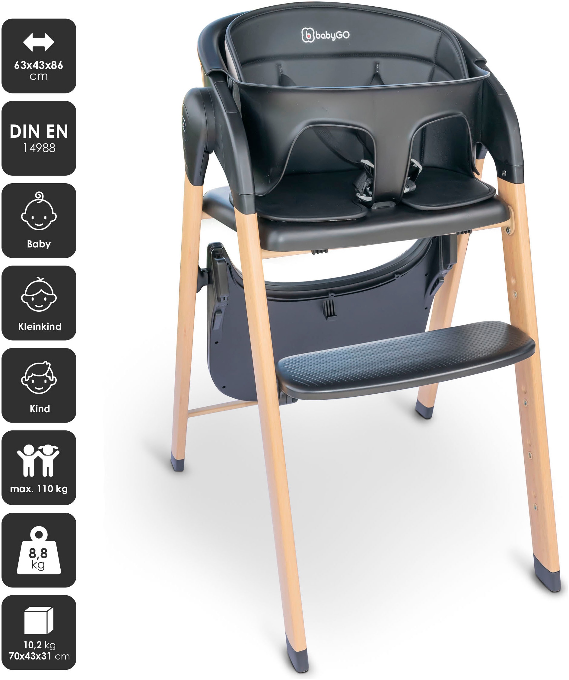 BabyGo Hochstuhl »Levels, black wood optic«, platzsparend zusammenklappbar