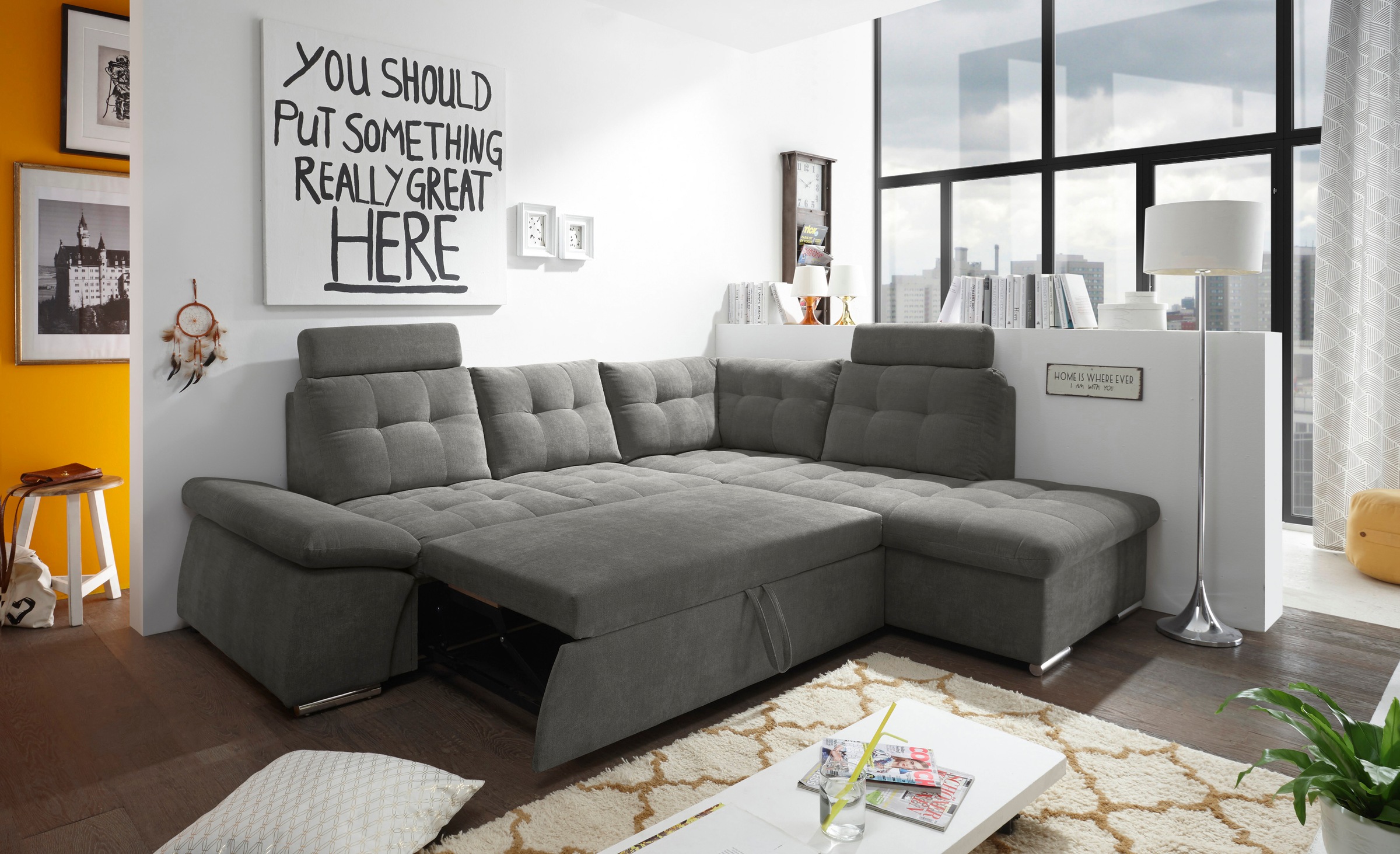 ED EXCITING DESIGN Ecksofa »Nalo L-Form« mit Bettfunktion, Armteilverstellung, Kopfstützen & 2 Nierenkissen