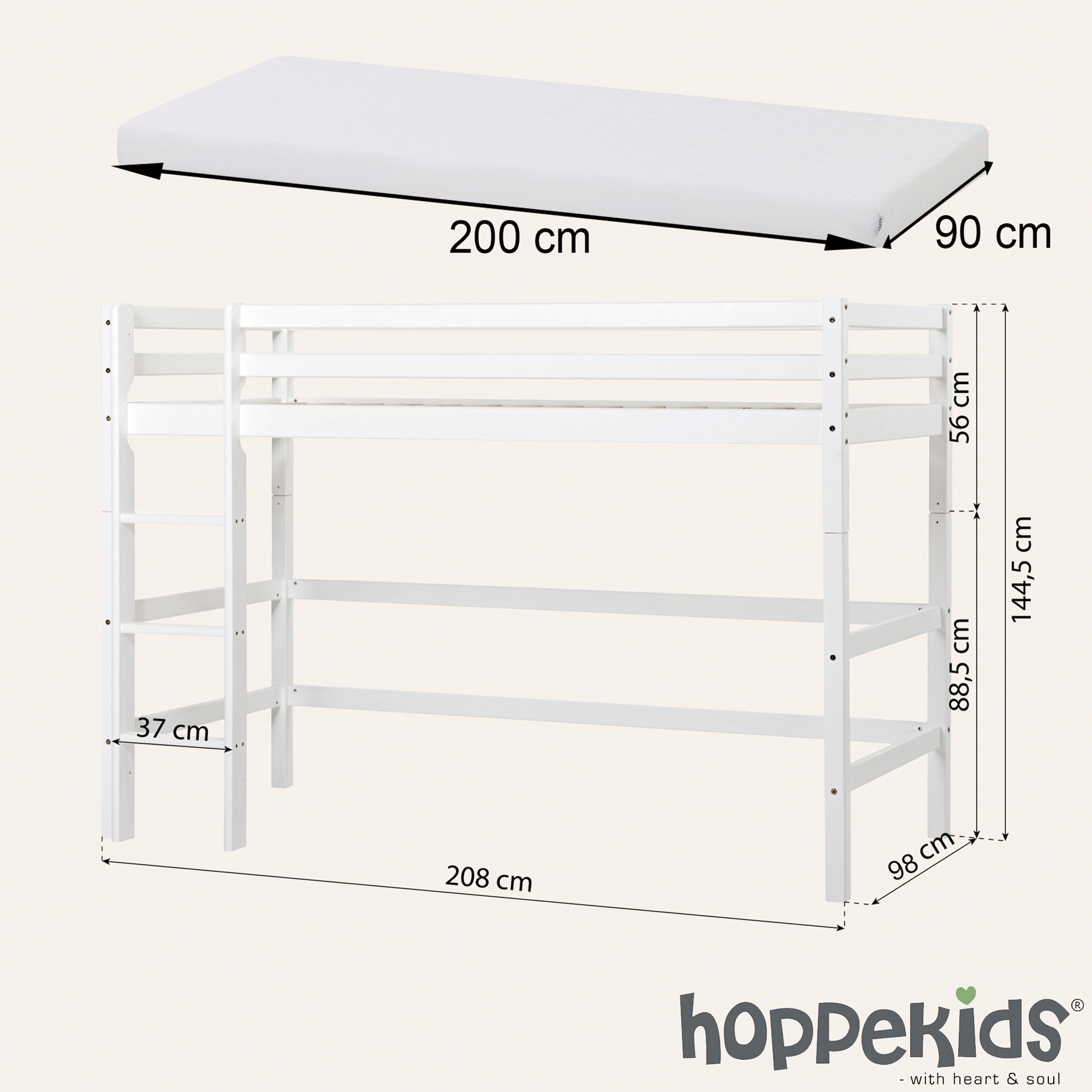 Hoppekids Hochbett »Winter Wonderland» 90x200cm mit Vorhang & Matratze«, (Set), FSC® zert Massivholz, 10 Jahre Garantie auf Fertigungsfehler