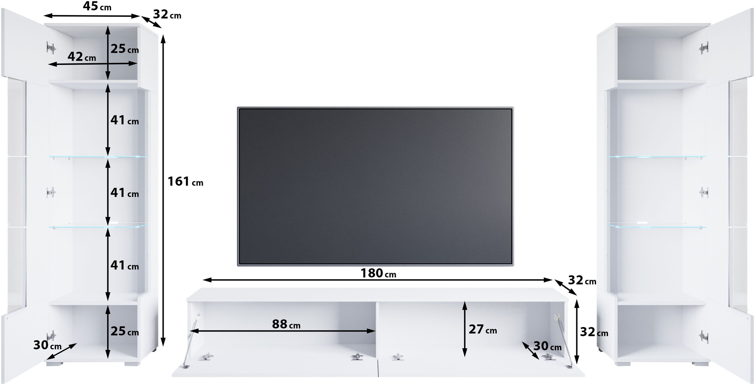 INOSIGN Wohnwand »Kenia, Vitrine Türanschlag links/rechts wechselbar«, (3 St.), Vitrinen mit Eckverglasung, hängend und stehend montierbar