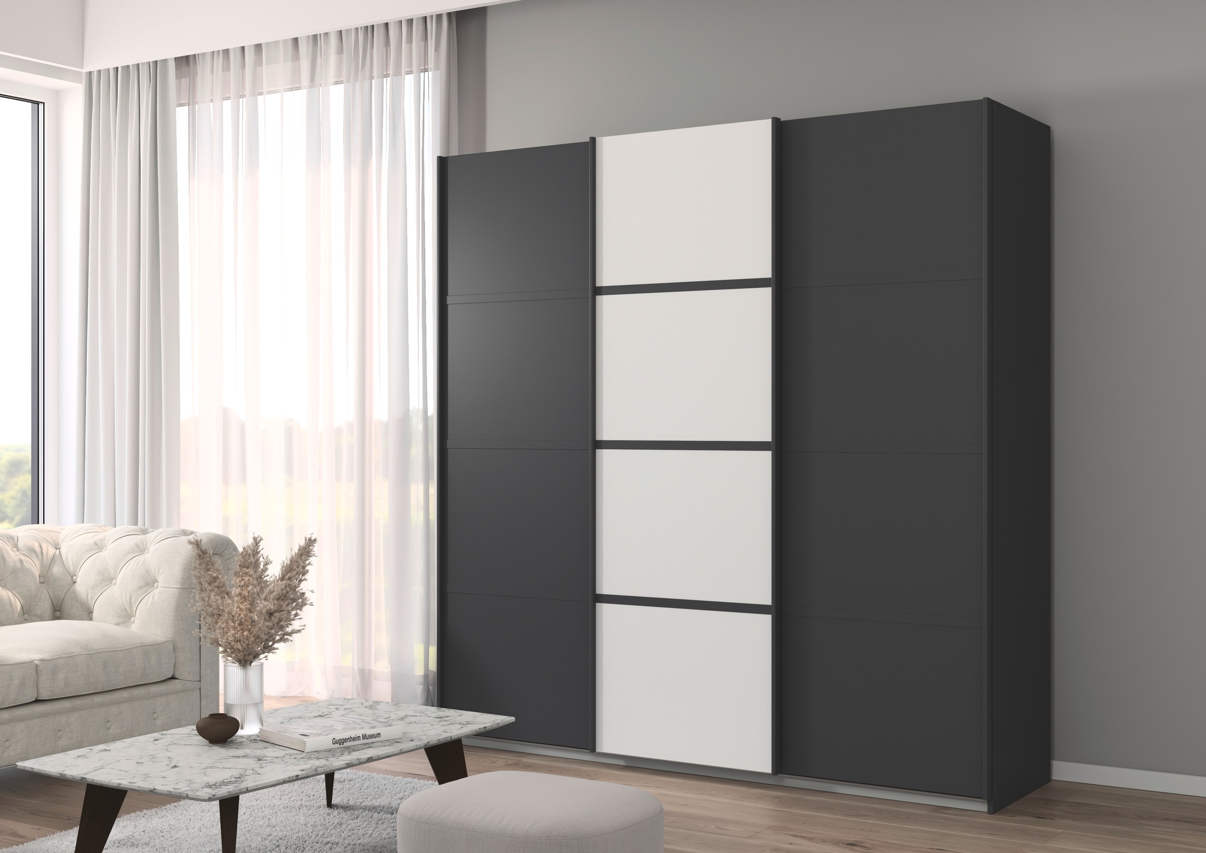 rauch Kleiderschrank »Schwebetürenschrank OTTO´s Choice Garderobe Schrank TOP ANGEBOT Avola«, (in 3 verschiedenen Ausstattungen BASIC/CLASSIC/PREMIUM), mit eleganten Zierleisten in Chrom, Schwarz oder Weiß MADE IN GERMANY