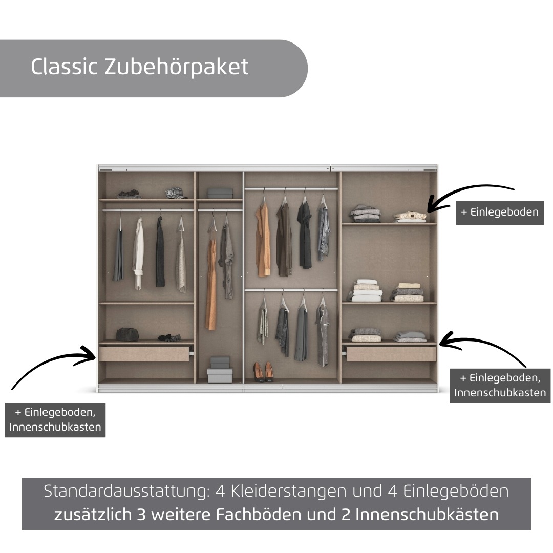rauch Kleiderschrank »Schwebetürenschrank OTTO´s Choice Garderobe Schrank TOP ANGEBOT Avola«, (in 3 verschiedenen Ausstattungen BASIC/CLASSIC/PREMIUM), mit eleganten Zierleisten in Chrom, Schwarz oder Weiß MADE IN GERMANY