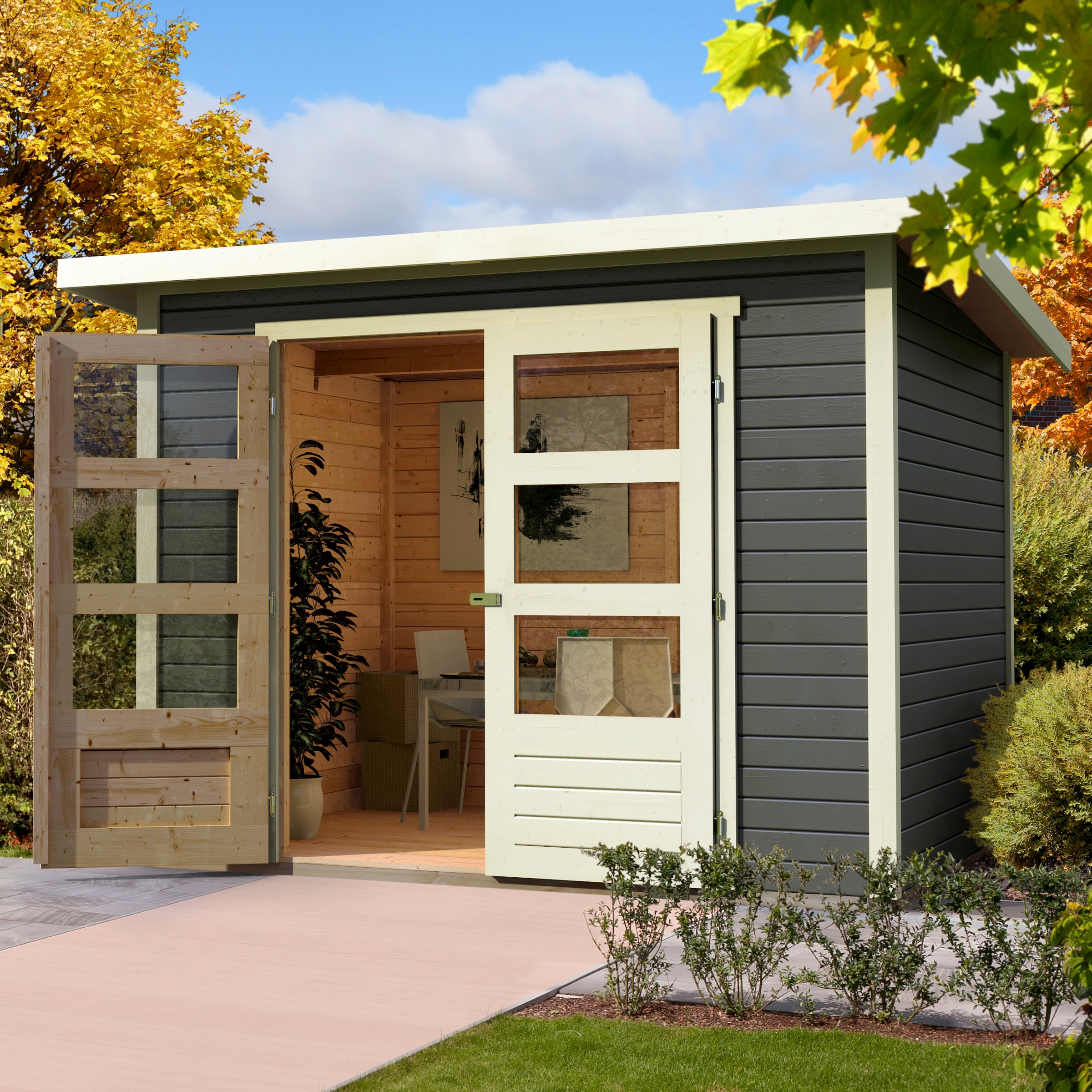 Karibu Gartenhaus »Stockach 4«, (Set), anthrazit, naturbelassen oder terragrau