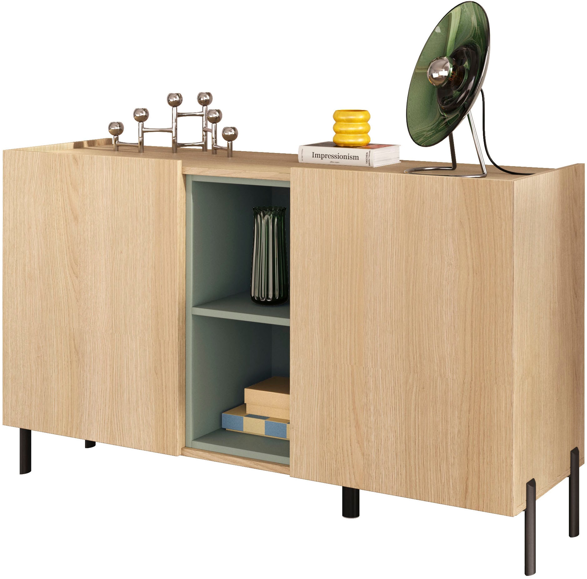 OTTO home Sideboard »Badia, 132 cm breit, 2 Türen, Anrichte, Kommode, Stauraumschrank« Innenliegendes Top, gerade Metallfüße, salbeigrüne Farbakzente