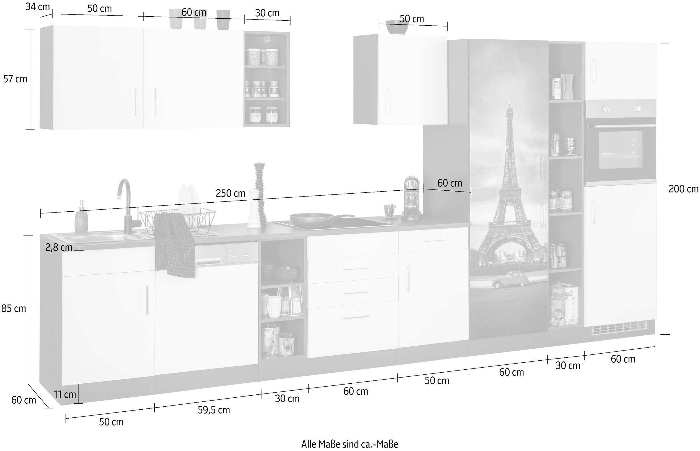 HELD MÖBEL Küchenzeile »Paris«, ohne E-Geräte, Breite 400 cm