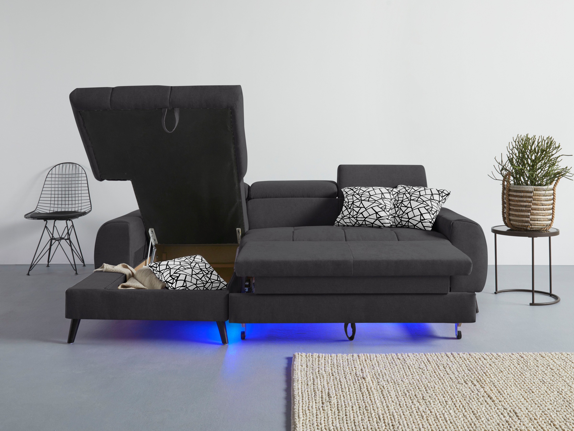 COTTA Ecksofa »Mia L-Form mit 3 Zierkissen«, wahlweise mit Bettfunktion, Bettkasten, Beleuchtung & Wireless-Charger