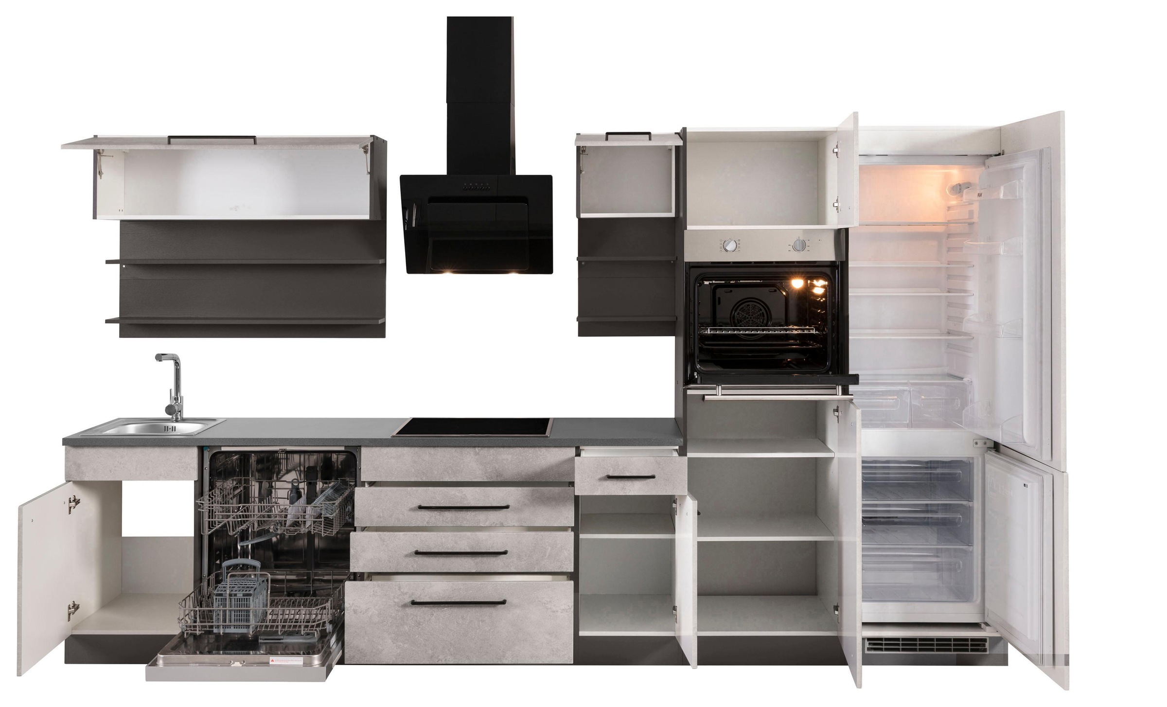 KOCHSTATION Küchenzeile »KS-Tulsa«, mit E-Geräten, Breite 350 cm, schwarze Metallgriffe, MDF Fronten