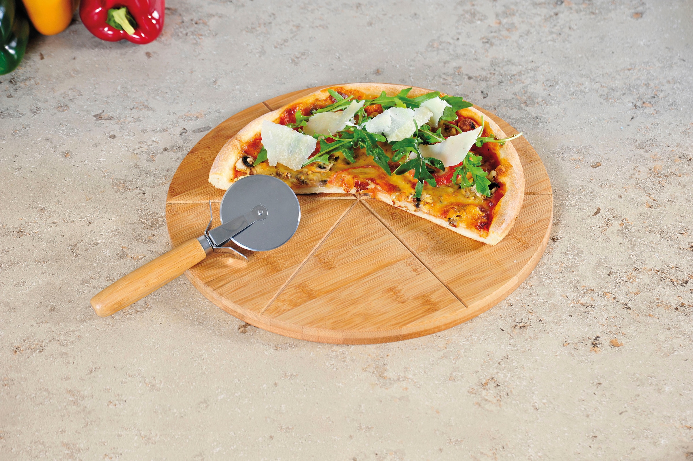 KESPER® Schneidebrett, (Set, 3 St.), inkl. Pizzaschneider, aus FSC®-zertifiziertem Bambus